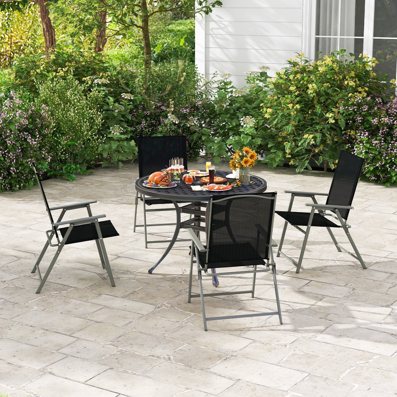 Set of 4 Patio Folding Chair Set with Rustproof Metal Frame, Black Beach & Lawn Chairs at Gallery Canada