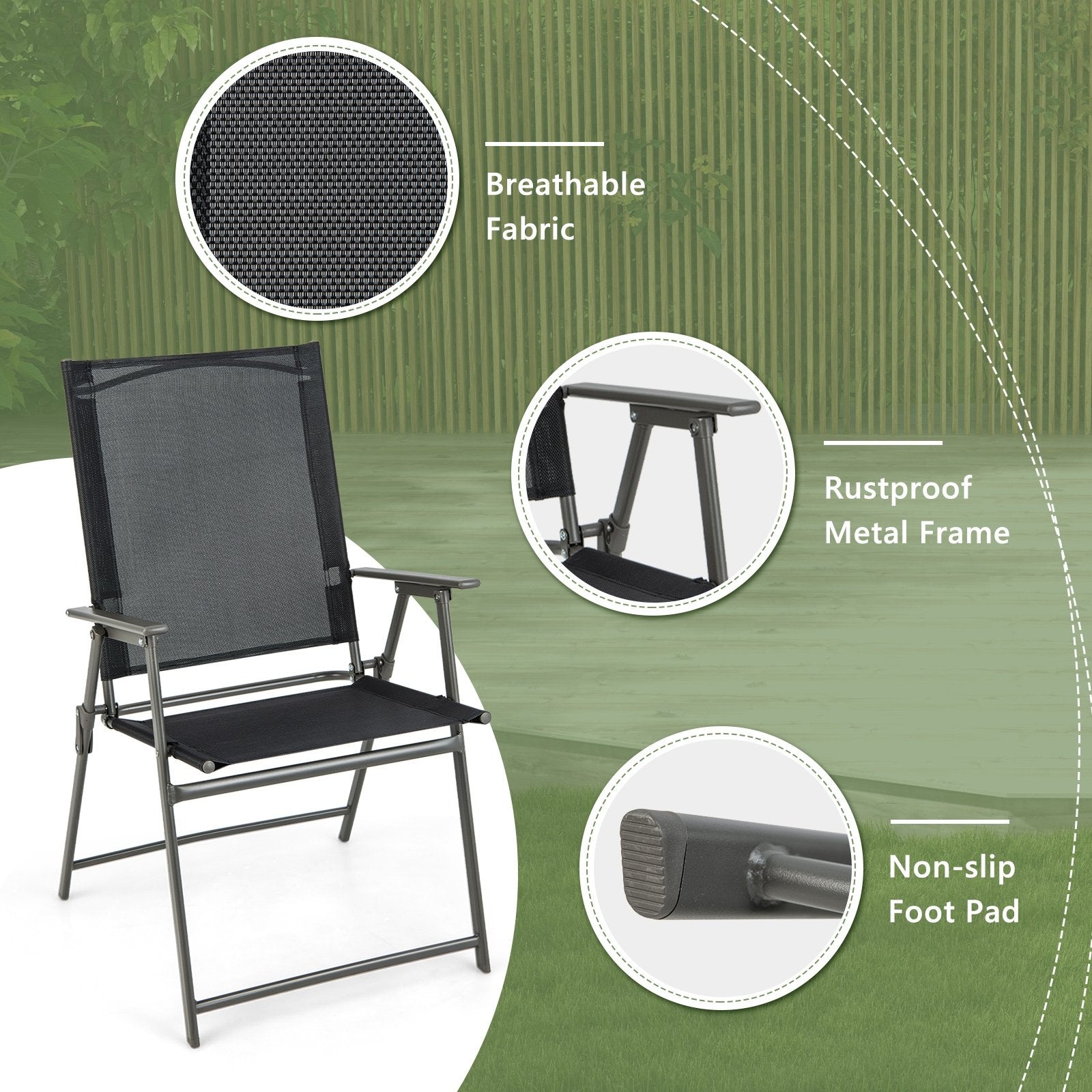 Set of 4 Patio Folding Chair Set with Rustproof Metal Frame, Black Beach & Lawn Chairs   at Gallery Canada