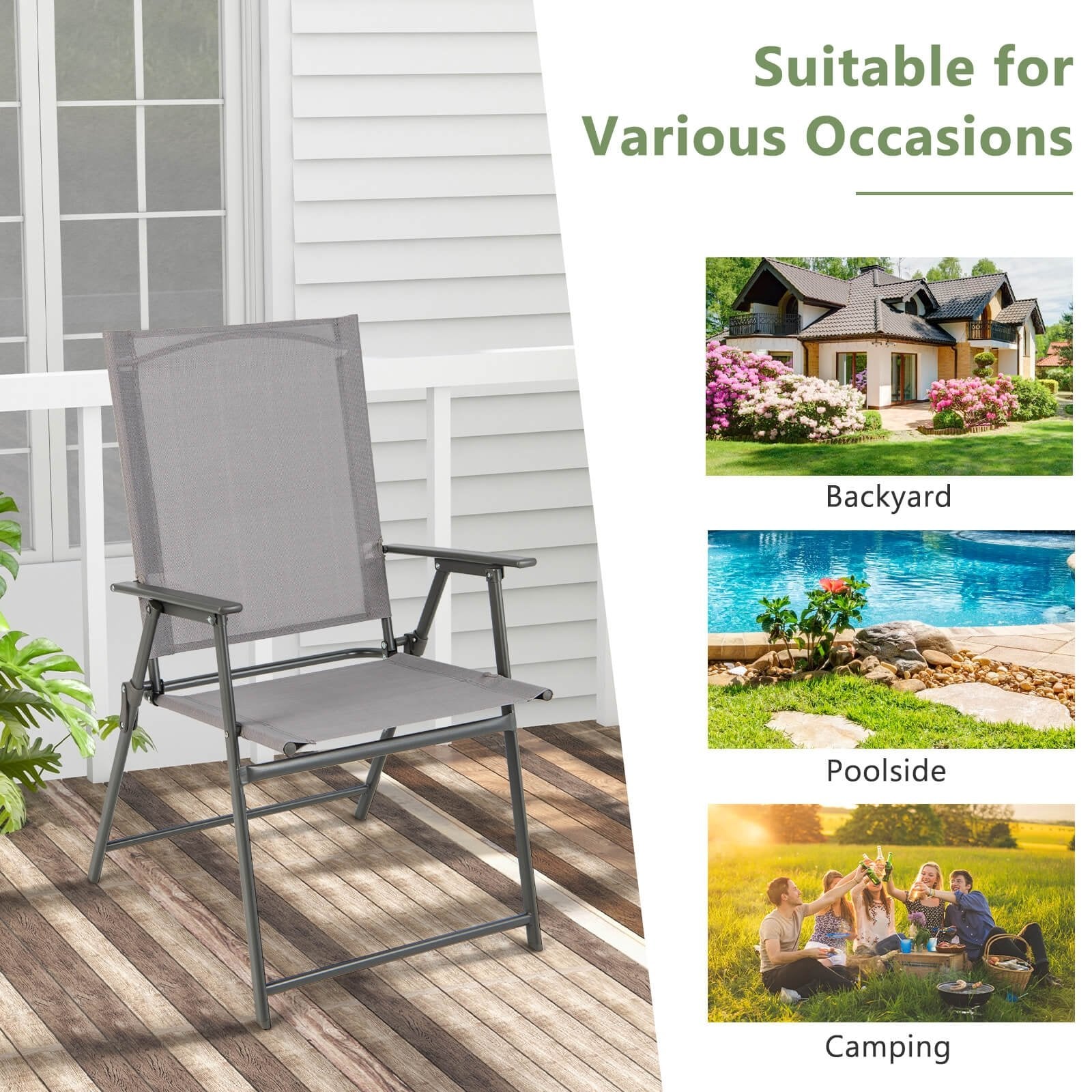 Set of 4 Patio Folding Chair Set with Rustproof Metal Frame, Gray Beach & Lawn Chairs   at Gallery Canada