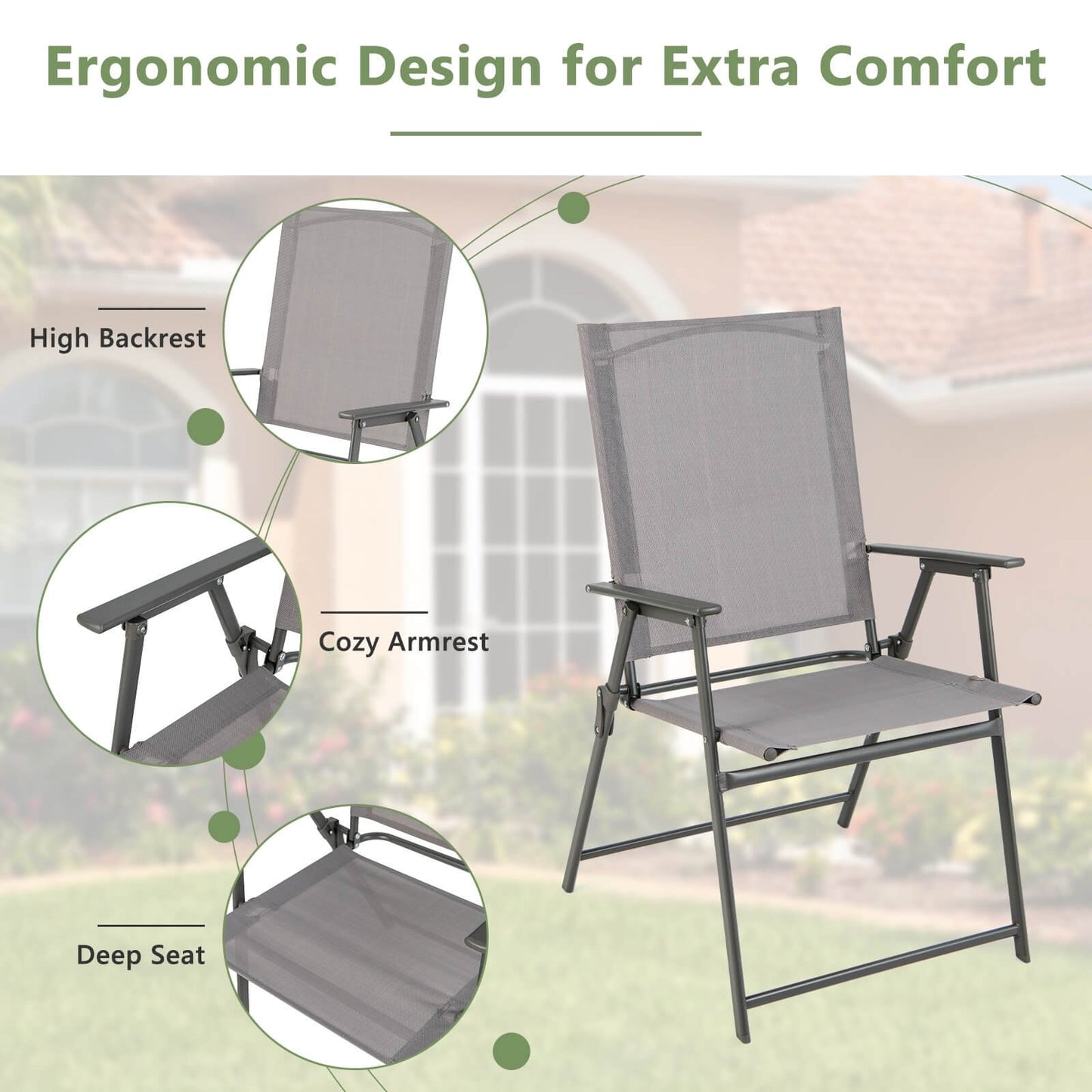 Set of 4 Patio Folding Chair Set with Rustproof Metal Frame, Gray Beach & Lawn Chairs   at Gallery Canada