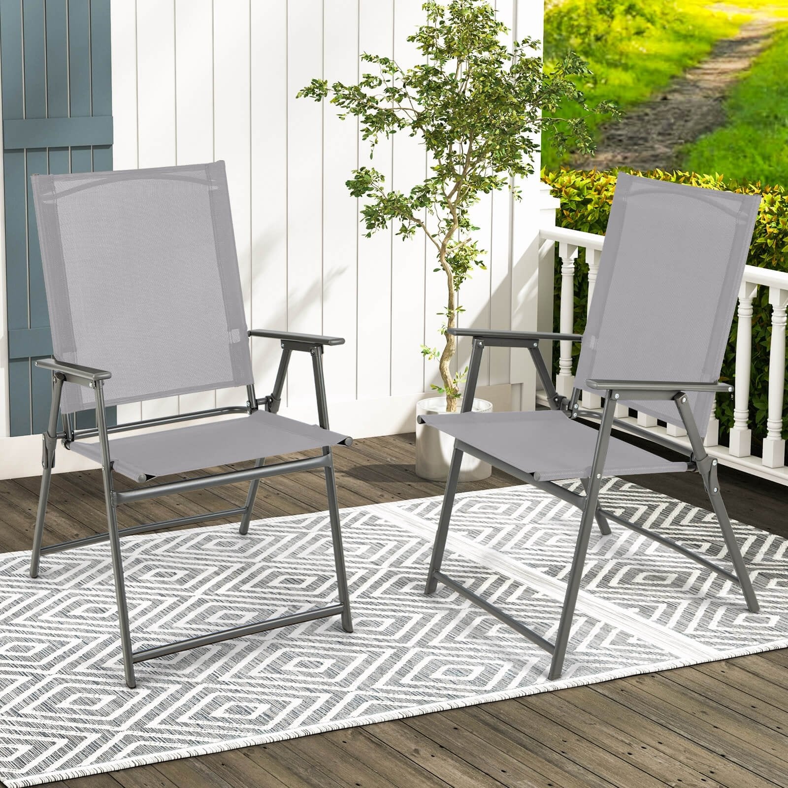 Set of 4 Patio Folding Chair Set with Rustproof Metal Frame, Gray Beach & Lawn Chairs   at Gallery Canada