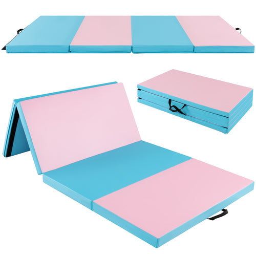 Folding Gymnastics Mat with Carry Handles and Sweatproof Detachable PU Leather Cover, Blue