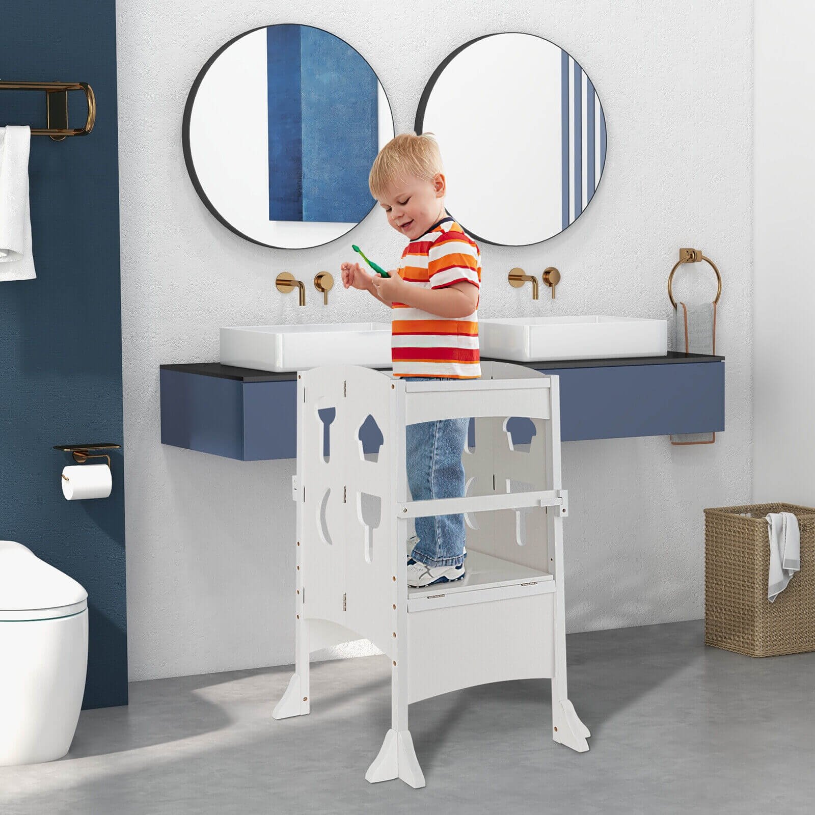 Folding Wooden Step Stool with Lockable Safety Rail for Toddler 3+, White Toddler & Kids Furniture   at Gallery Canada