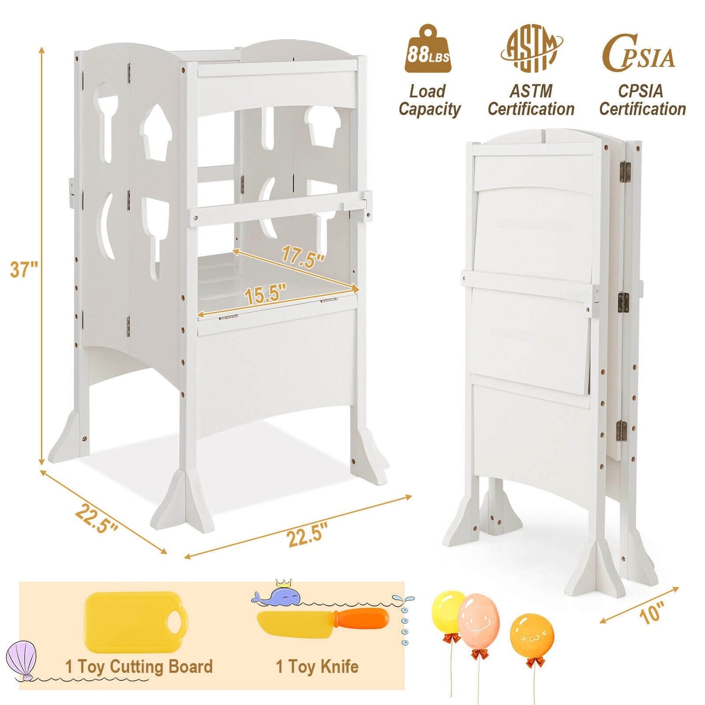 Folding Wooden Step Stool with Lockable Safety Rail for Toddler 3+, White Toddler & Kids Furniture   at Gallery Canada