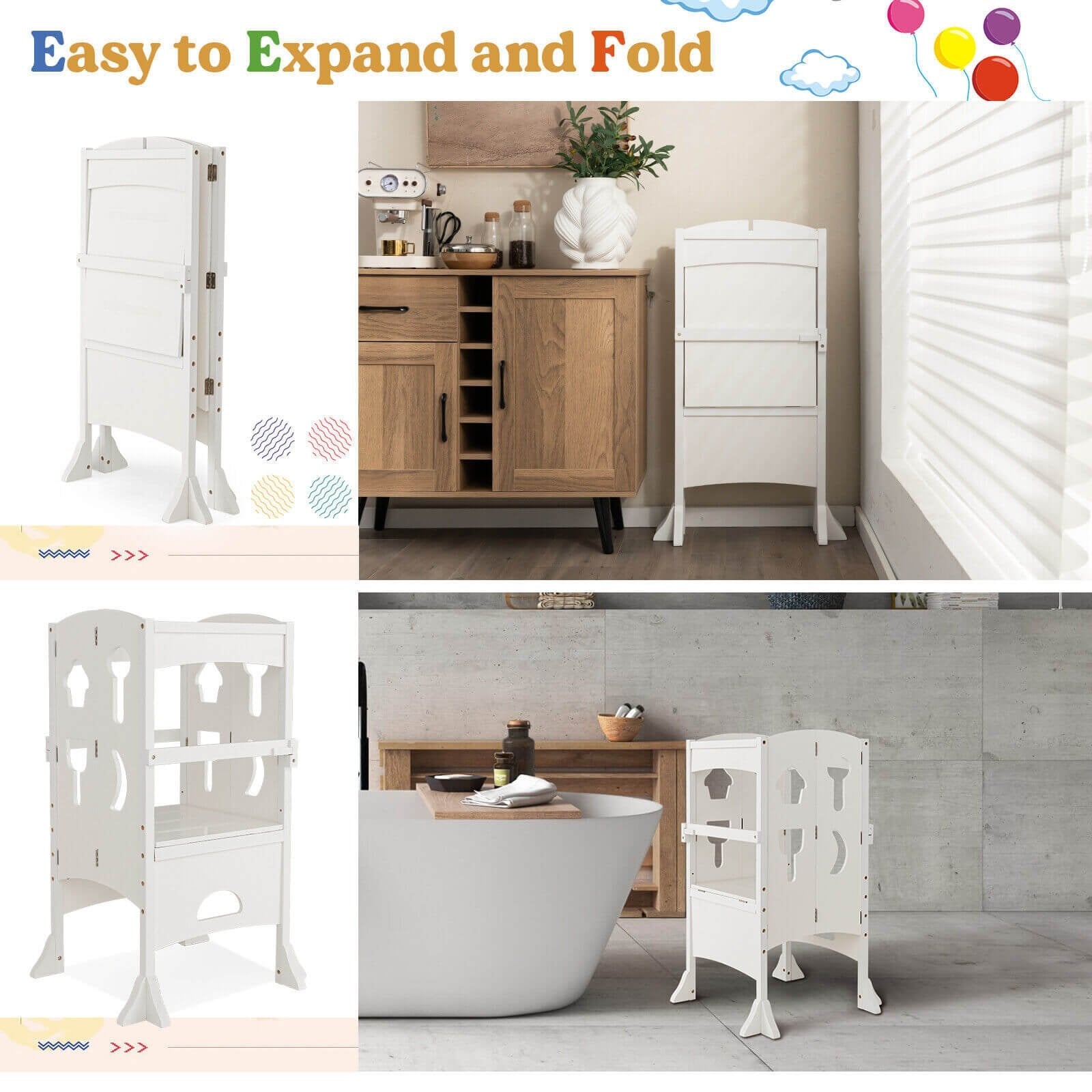 Folding Wooden Step Stool with Lockable Safety Rail for Toddler 3+, White Toddler & Kids Furniture   at Gallery Canada