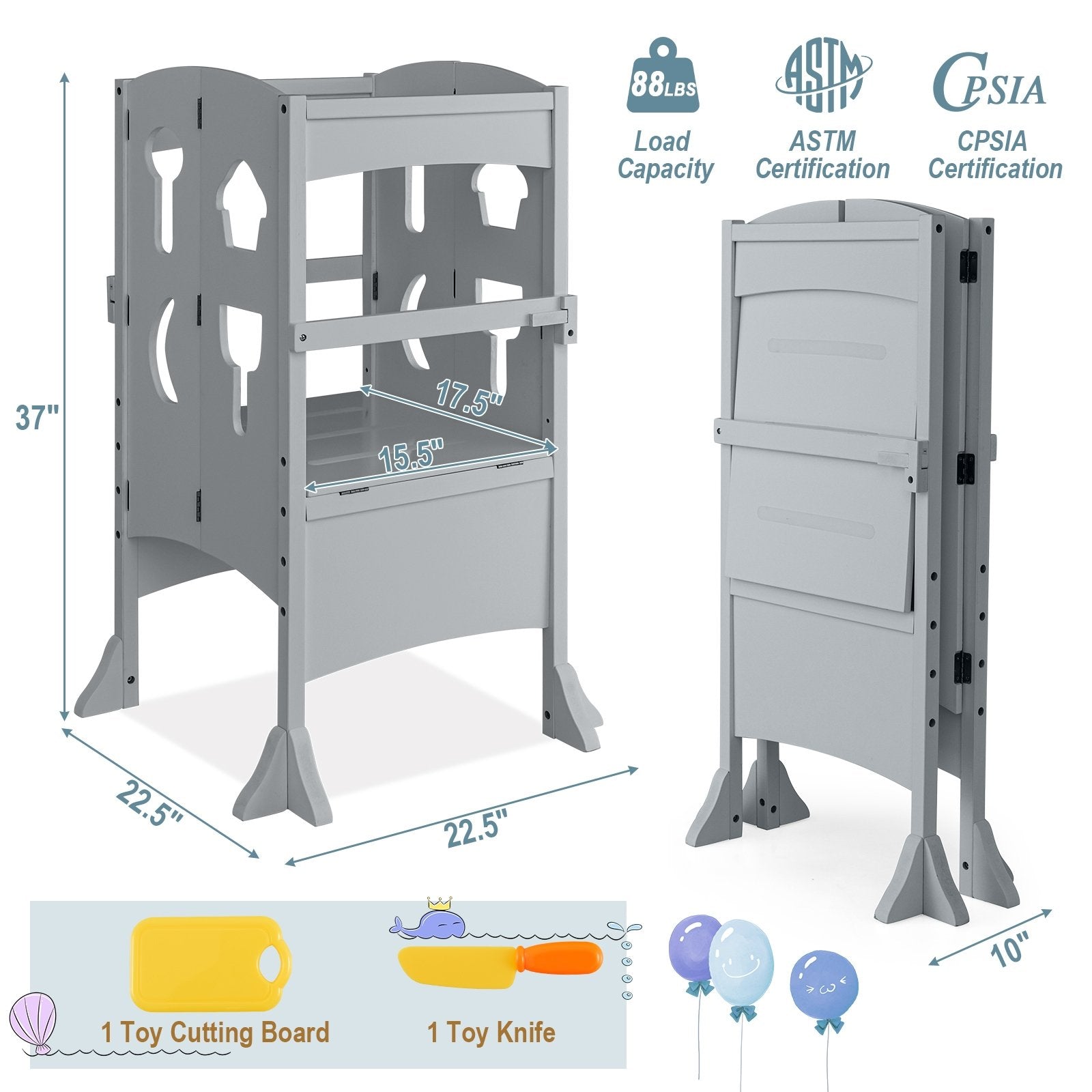 Folding Wooden Step Stool with Lockable Safety Rail for Toddler 3+, Gray Toddler & Kids Furniture   at Gallery Canada