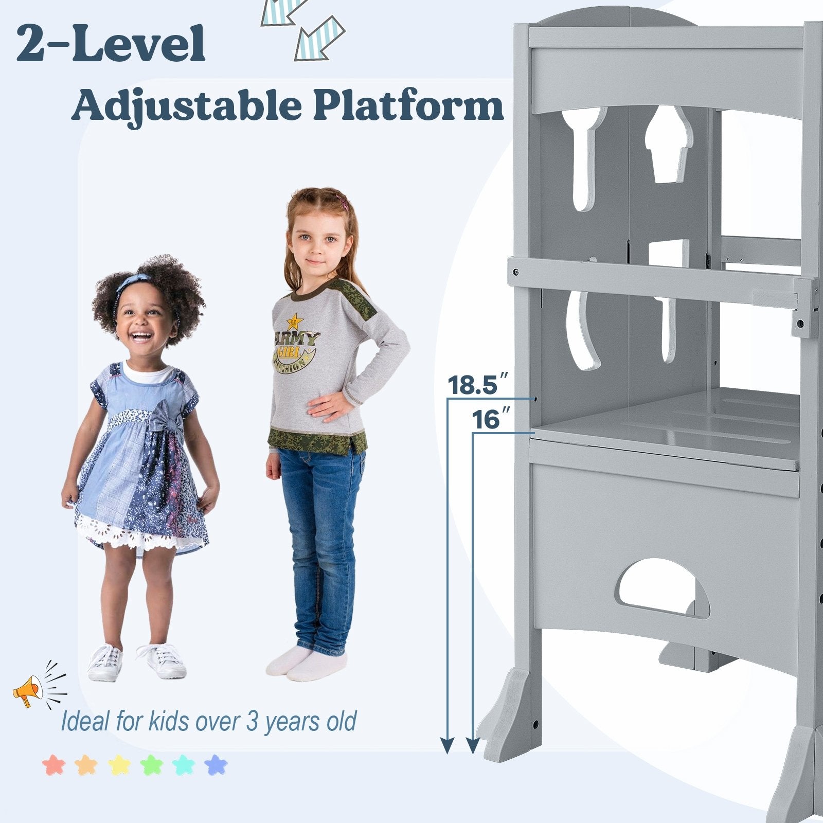 Folding Wooden Step Stool with Lockable Safety Rail for Toddler 3+, Gray Toddler & Kids Furniture   at Gallery Canada