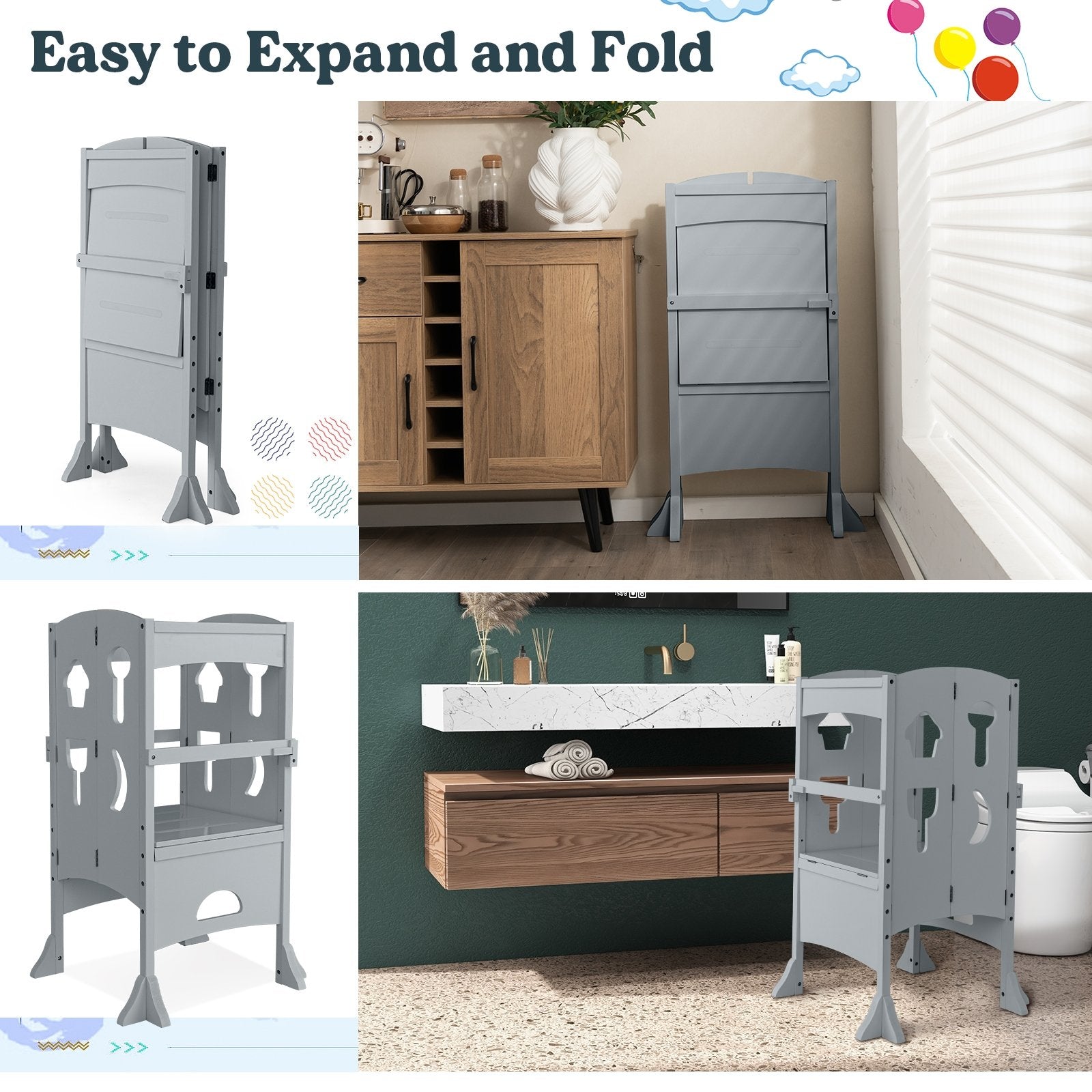 Folding Wooden Step Stool with Lockable Safety Rail for Toddler 3+, Gray Toddler & Kids Furniture   at Gallery Canada