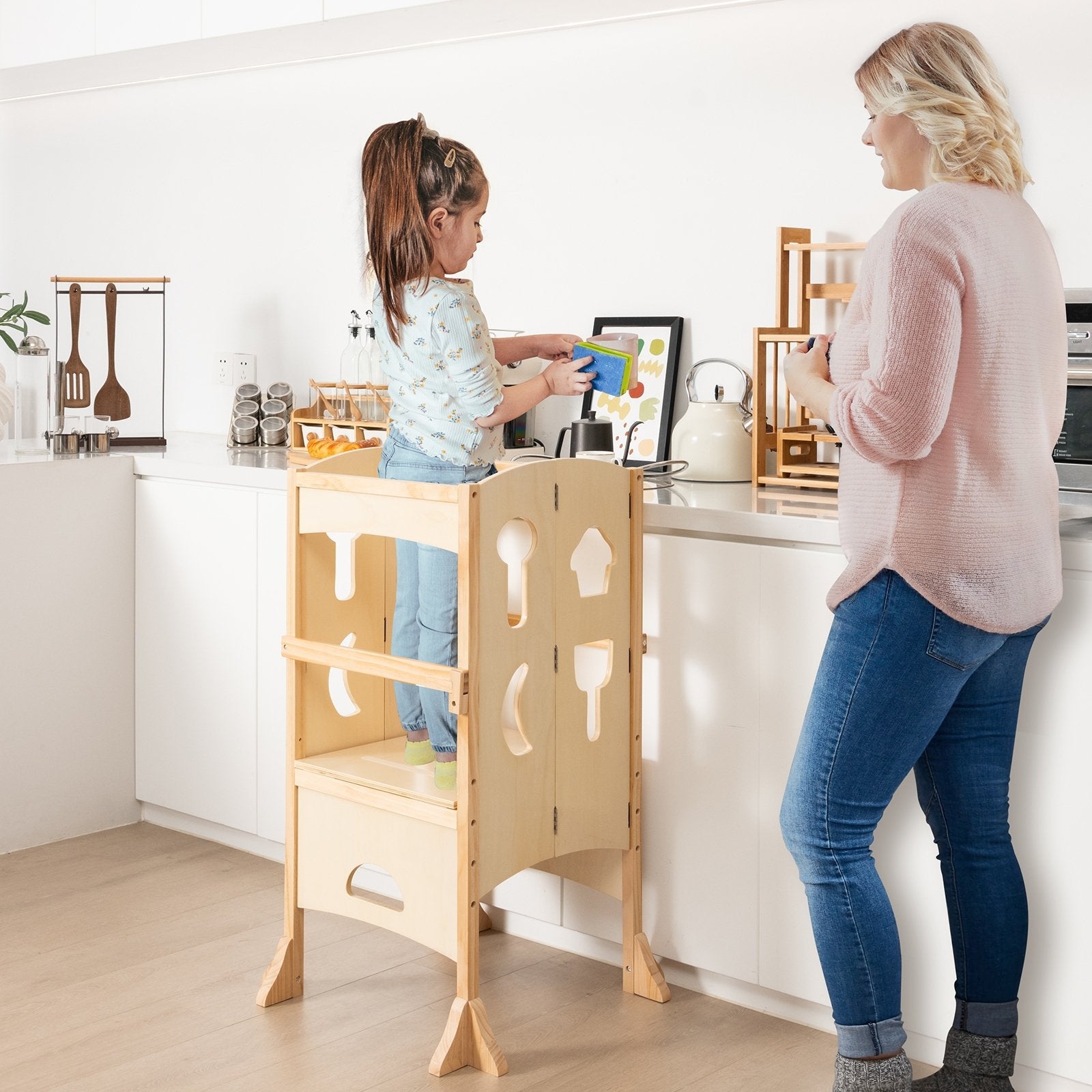 Folding Wooden Step Stool with Lockable Safety Rail for Toddler 3+, Natural Toddler & Kids Furniture   at Gallery Canada