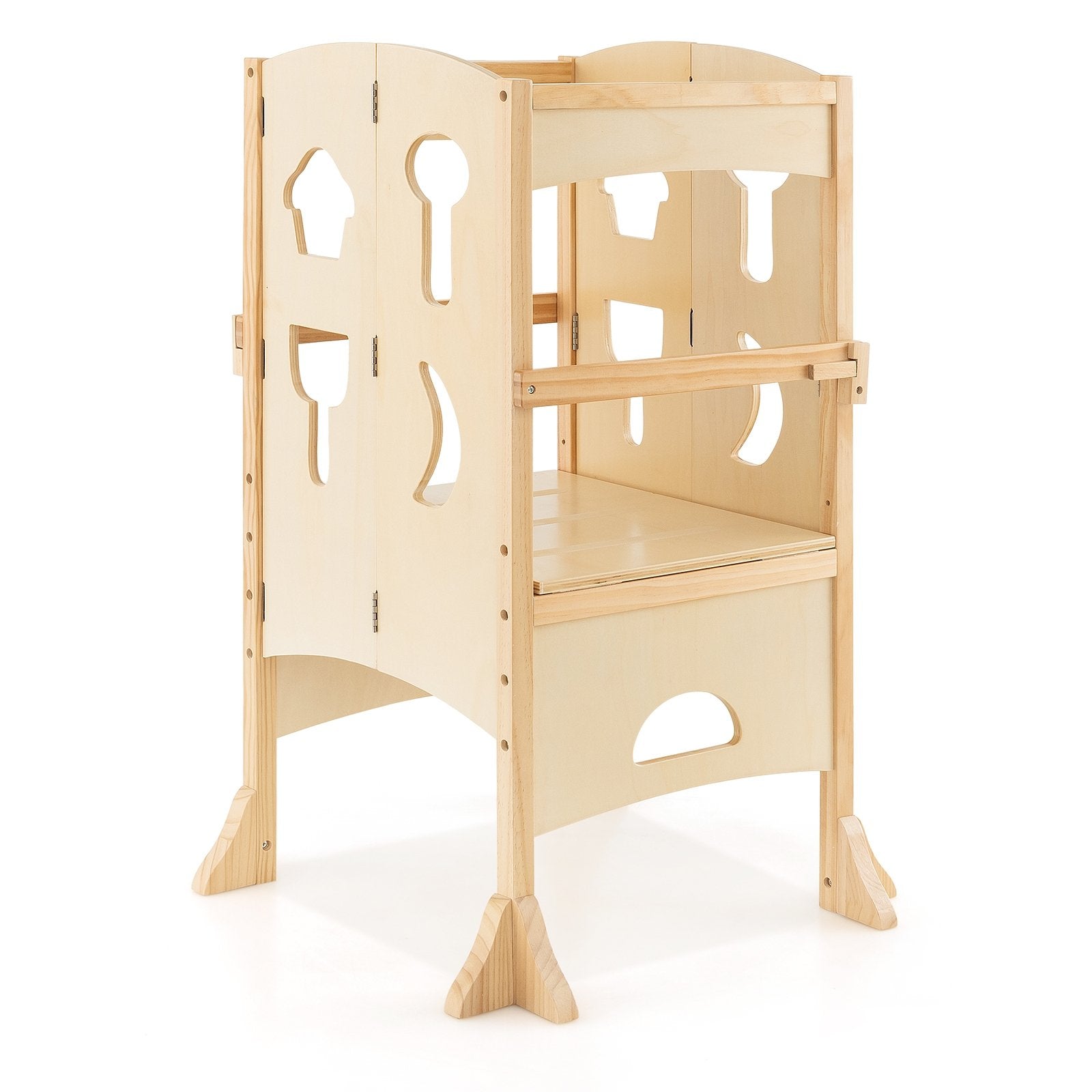 Folding Wooden Step Stool with Lockable Safety Rail for Toddler 3+, Natural Toddler & Kids Furniture   at Gallery Canada