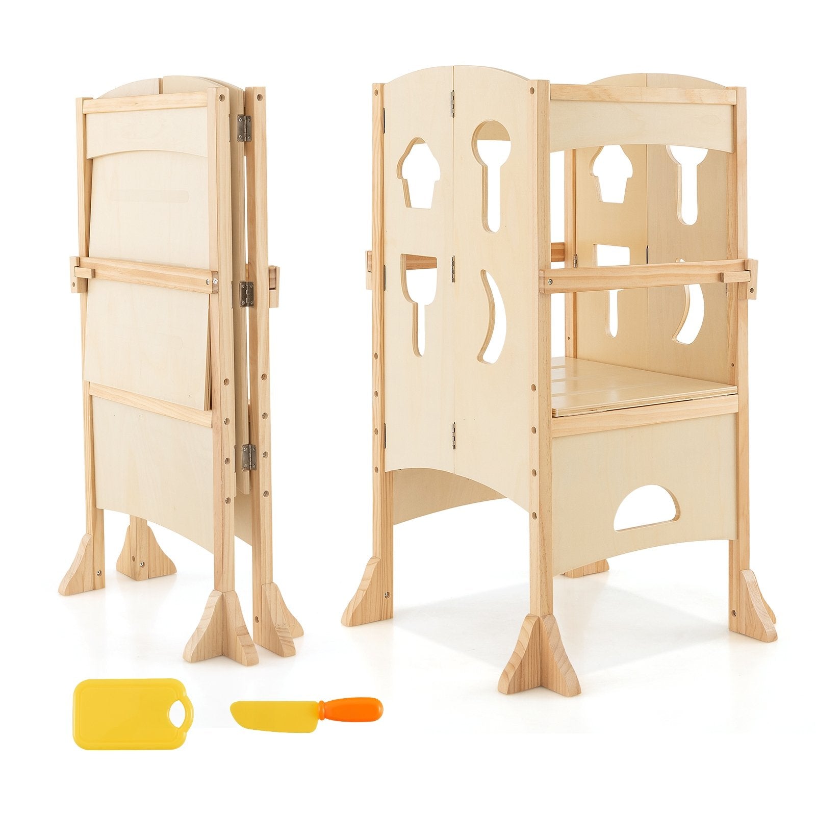 Folding Wooden Step Stool with Lockable Safety Rail for Toddler 3+, Natural Toddler & Kids Furniture   at Gallery Canada