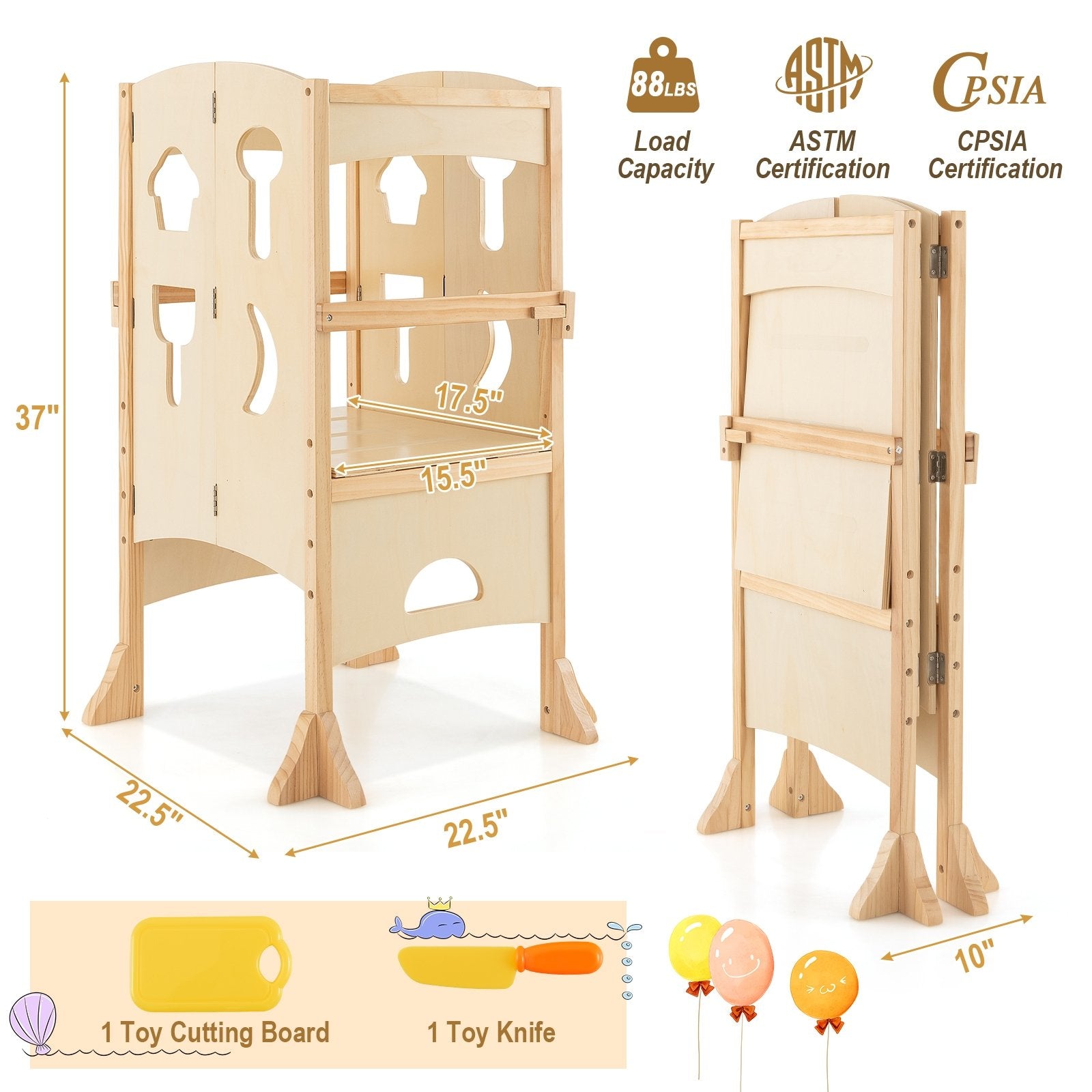 Folding Wooden Step Stool with Lockable Safety Rail for Toddler 3+, Natural Toddler & Kids Furniture   at Gallery Canada