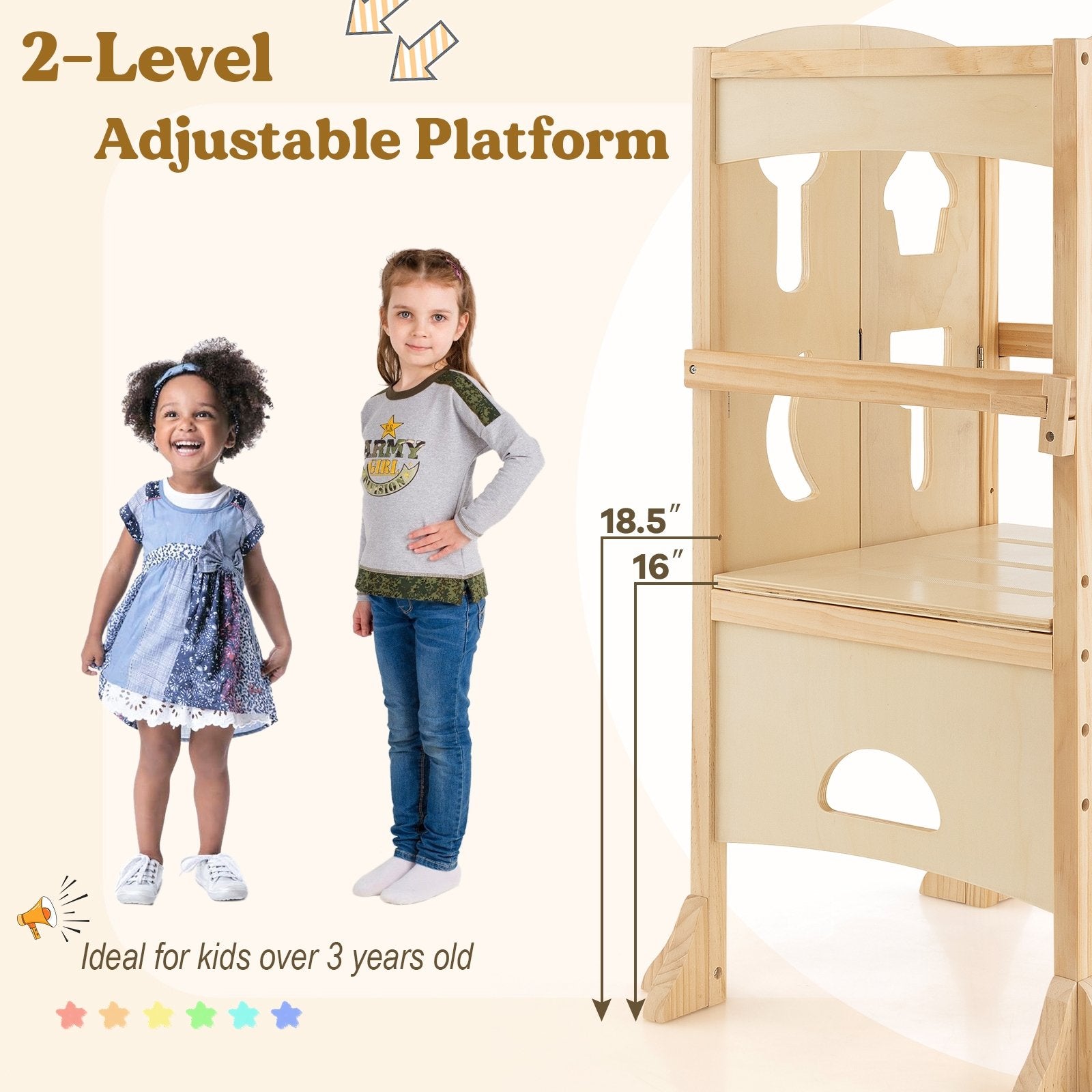 Folding Wooden Step Stool with Lockable Safety Rail for Toddler 3+, Natural Toddler & Kids Furniture   at Gallery Canada