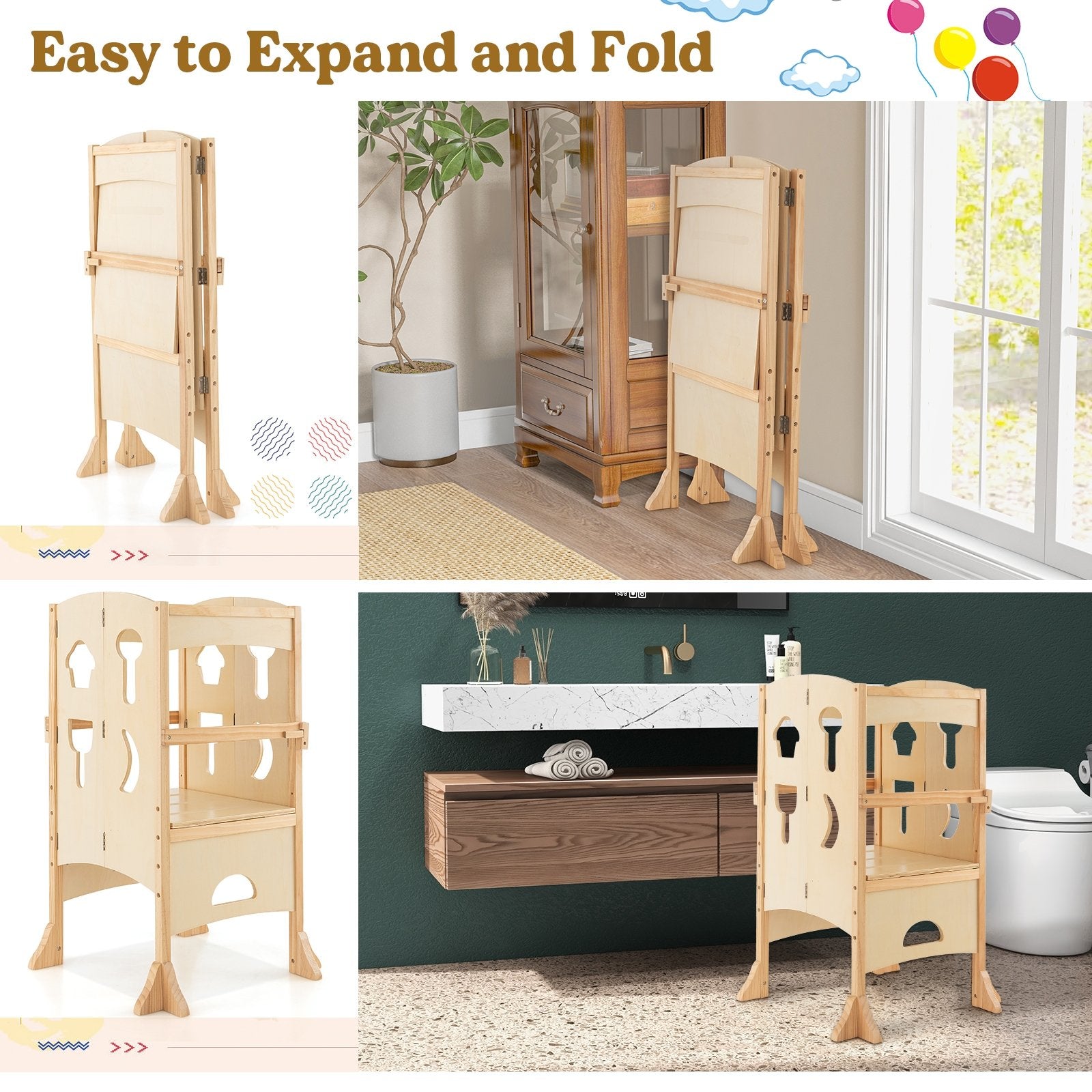 Folding Wooden Step Stool with Lockable Safety Rail for Toddler 3+, Natural Toddler & Kids Furniture   at Gallery Canada