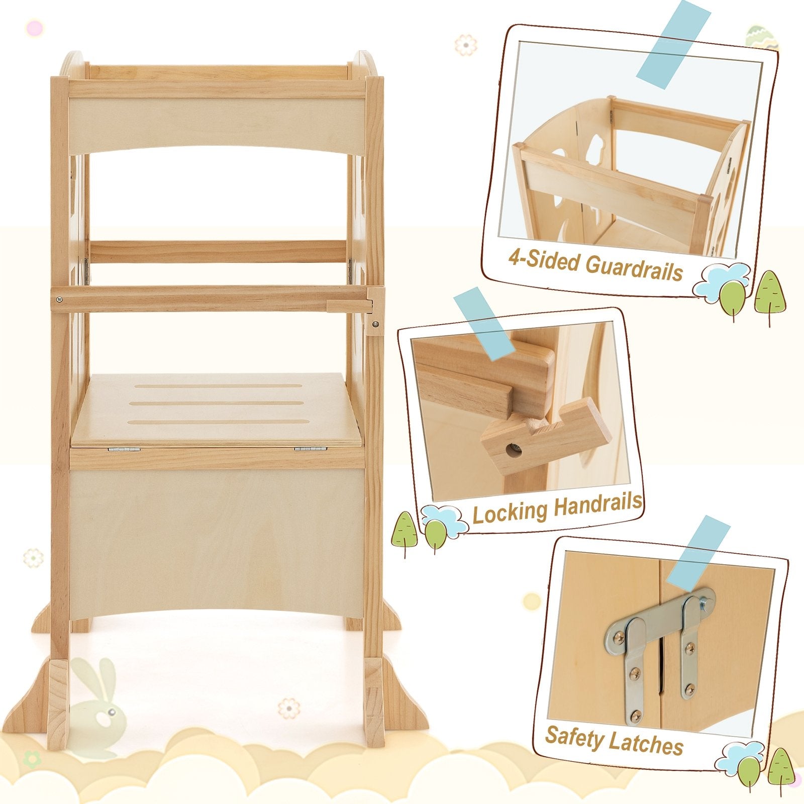 Folding Wooden Step Stool with Lockable Safety Rail for Toddler 3+, Natural Toddler & Kids Furniture   at Gallery Canada