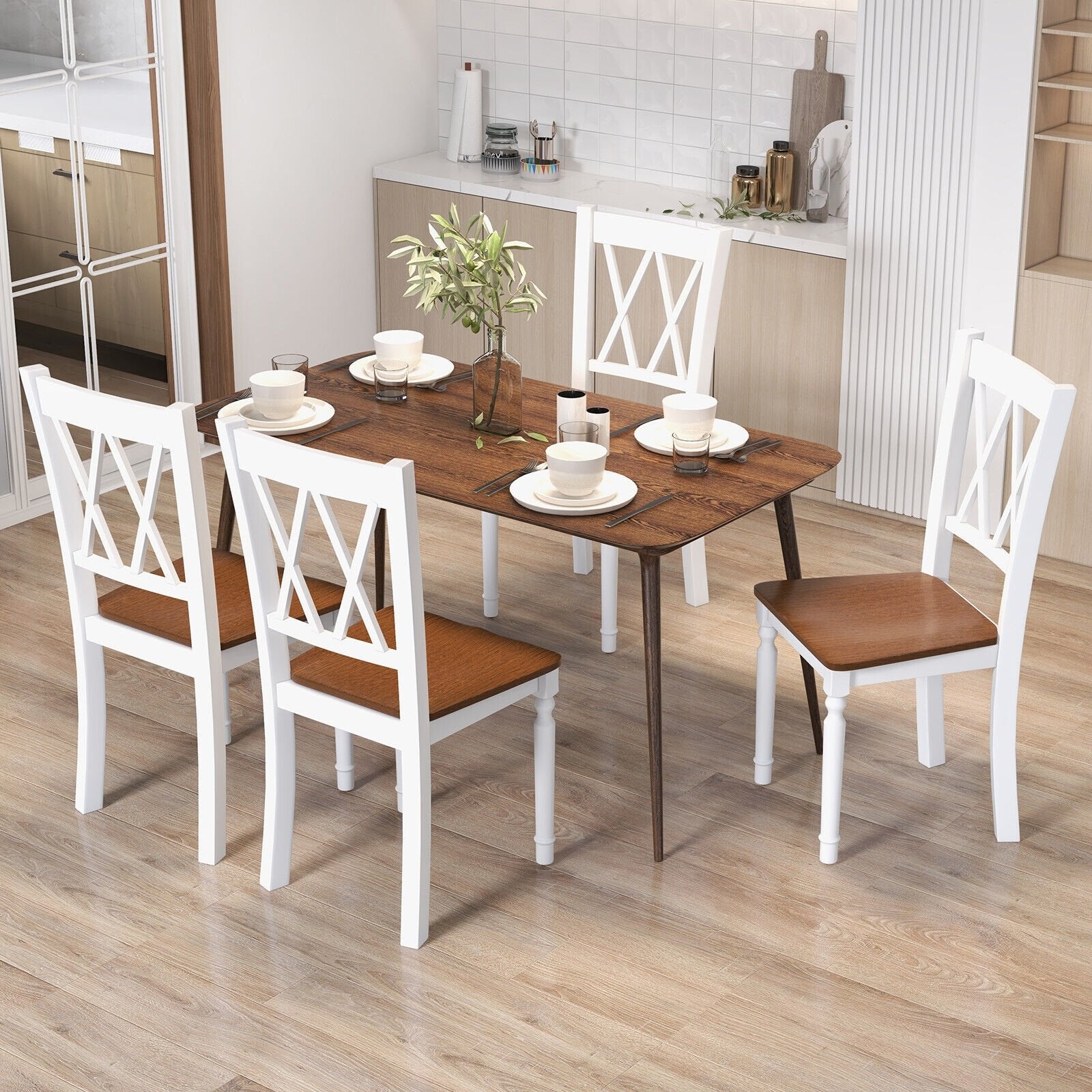 Set of 4 Wooden Farmhouse Kitchen Chairs with Rubber Wood Seat, Walnut Dining Chairs   at Gallery Canada