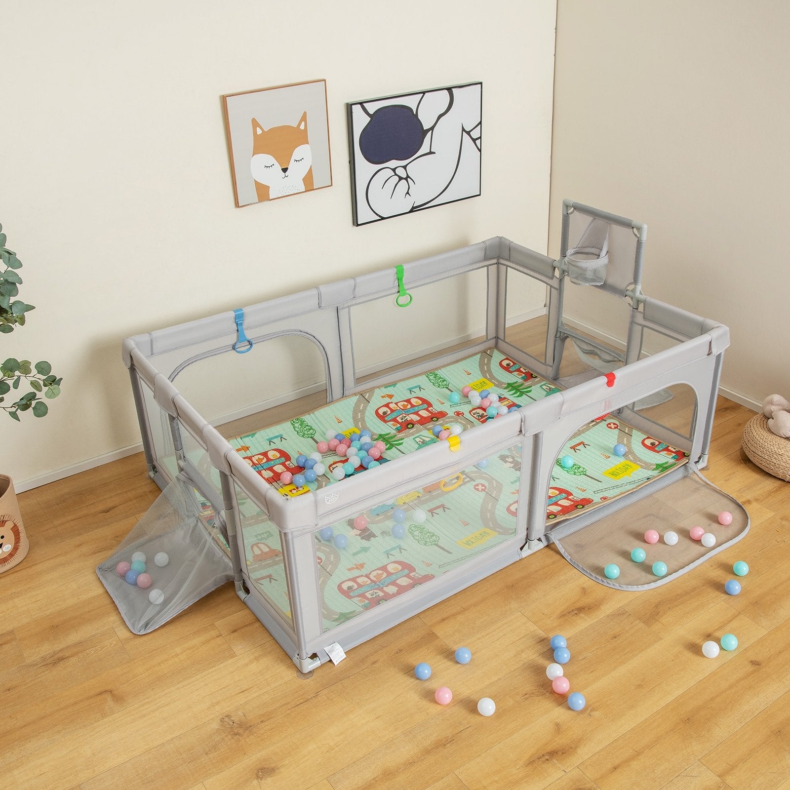 Large Baby Playpen with Mat and Ocean Balls-Light gray, Light Gray Baby Playpen & Playards   at Gallery Canada