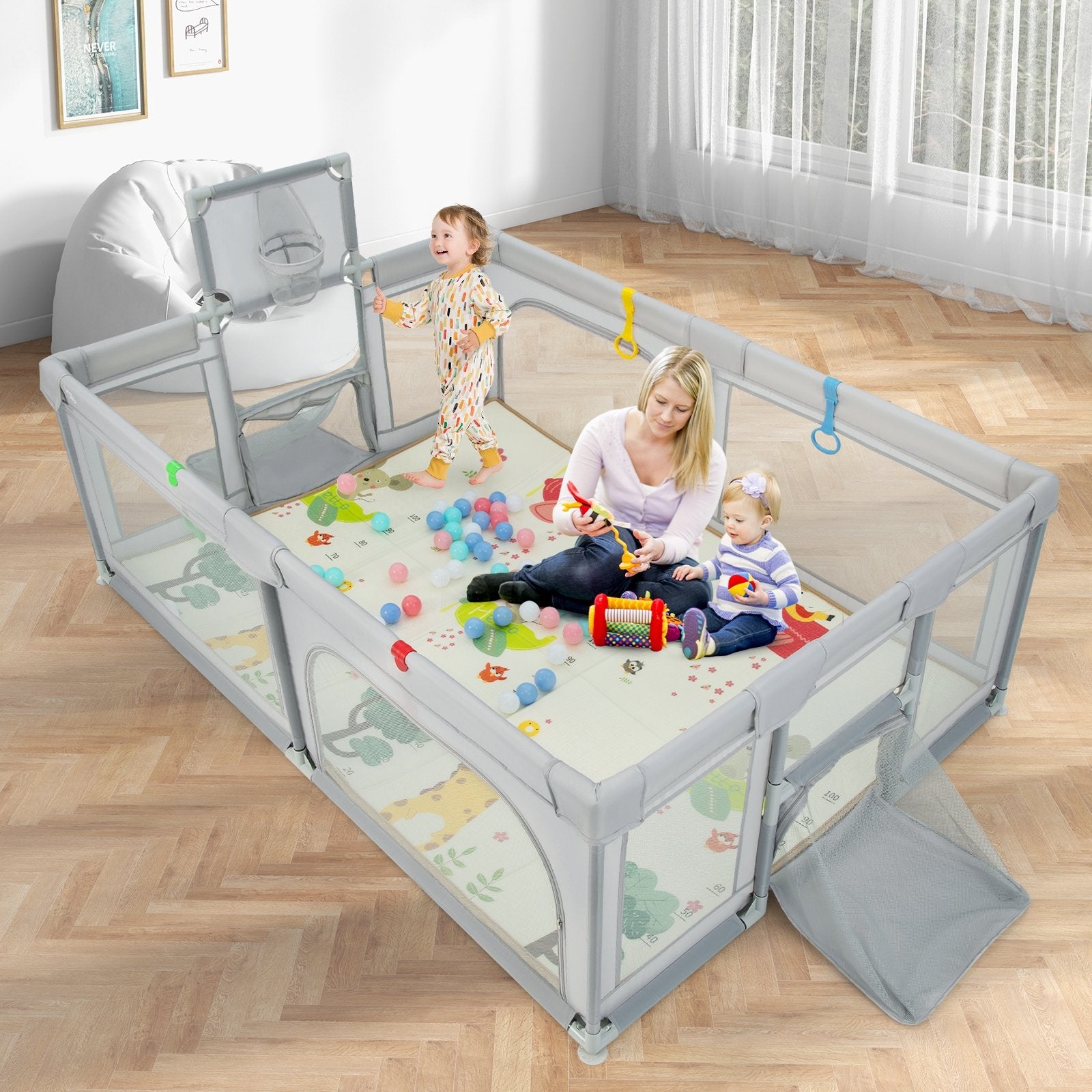 Large Baby Playpen with Mat and Ocean Balls-Light gray, Light Gray Baby Playpen & Playards   at Gallery Canada