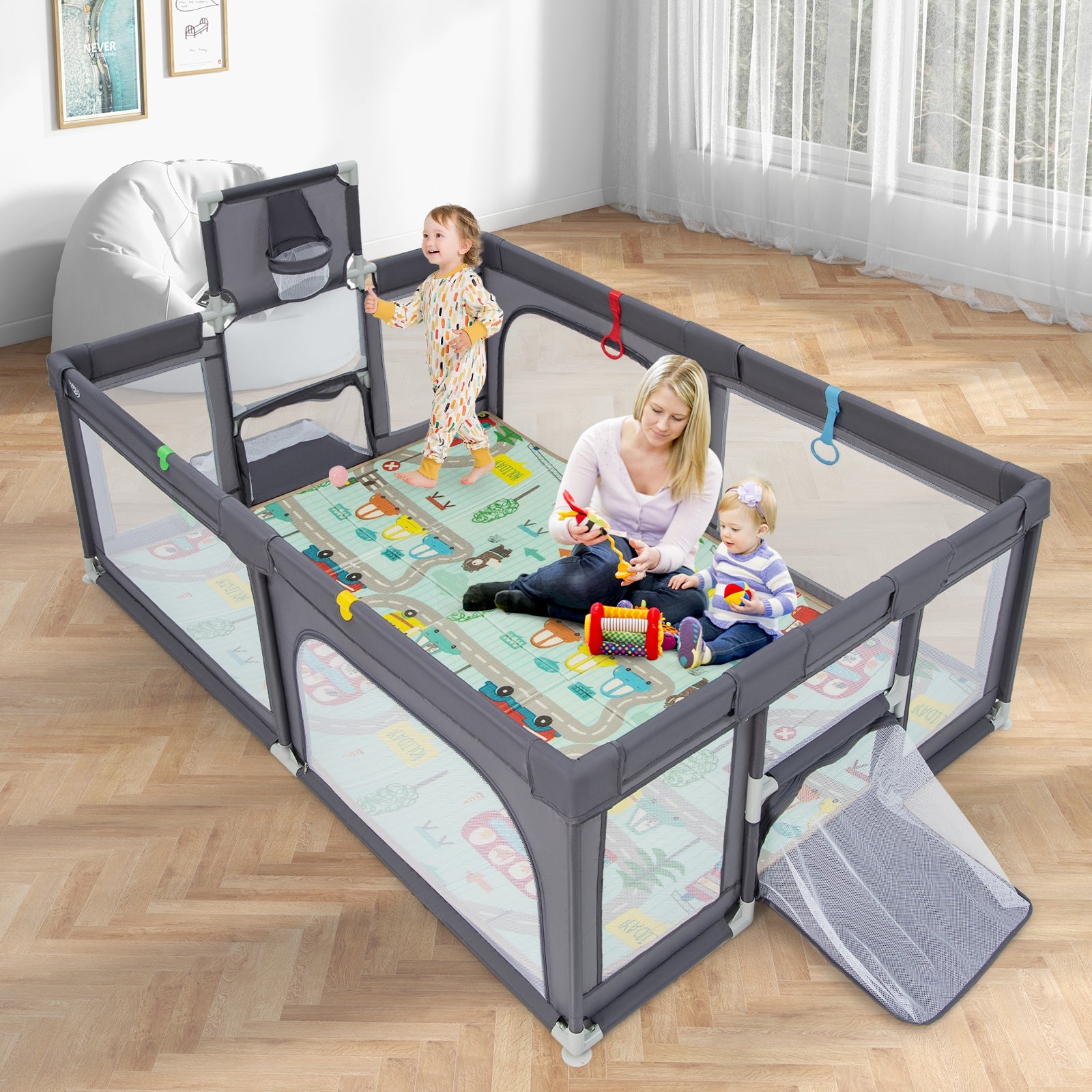 Large Baby Playpen with Mat and Ocean Balls-Dark gray, Dark Gray Baby Playpen & Playards at Gallery Canada
