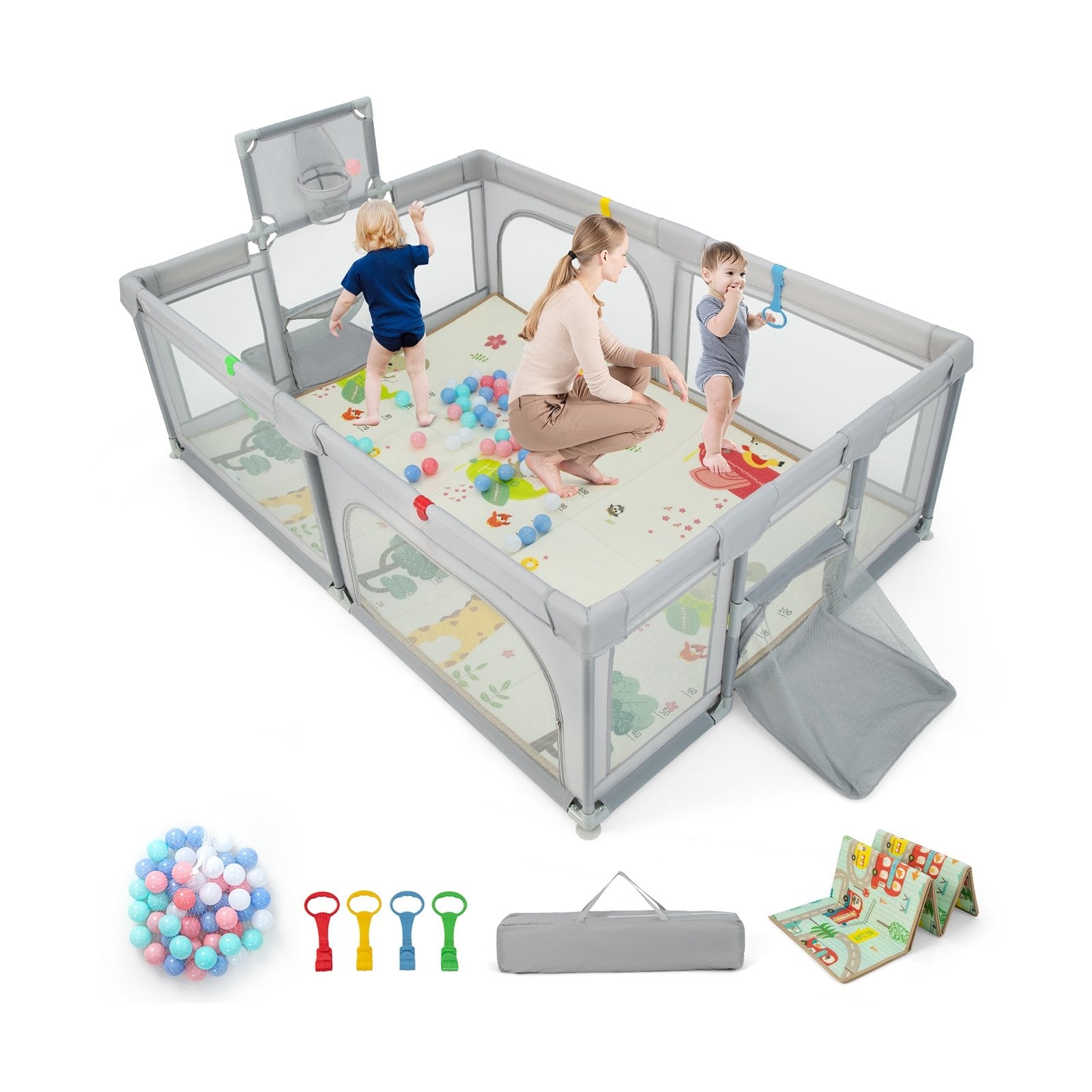 Large Baby Playpen with Mat and Ocean Balls-Light gray, Light Gray Baby Playpen & Playards   at Gallery Canada