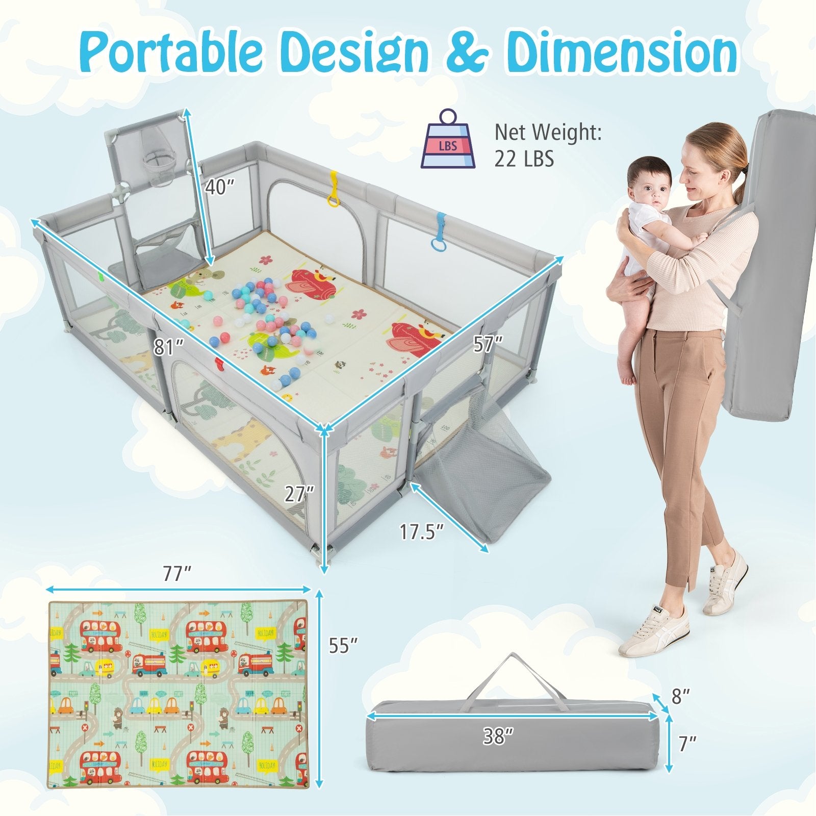 Large Baby Playpen with Mat and Ocean Balls-Light gray, Light Gray Baby Playpen & Playards   at Gallery Canada