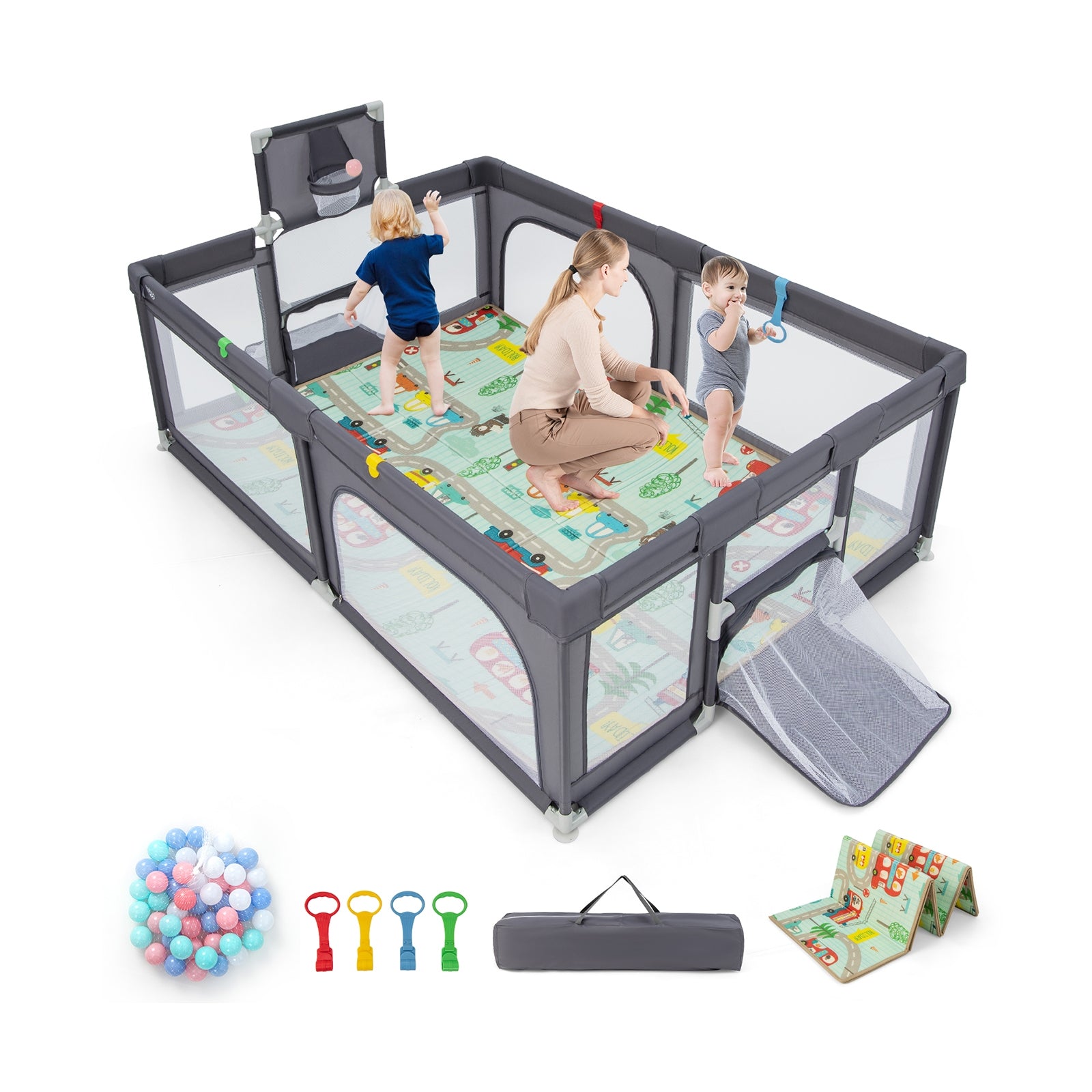 Large Baby Playpen with Mat and Ocean Balls-Dark gray, Dark Gray Baby Playpen & Playards at Gallery Canada