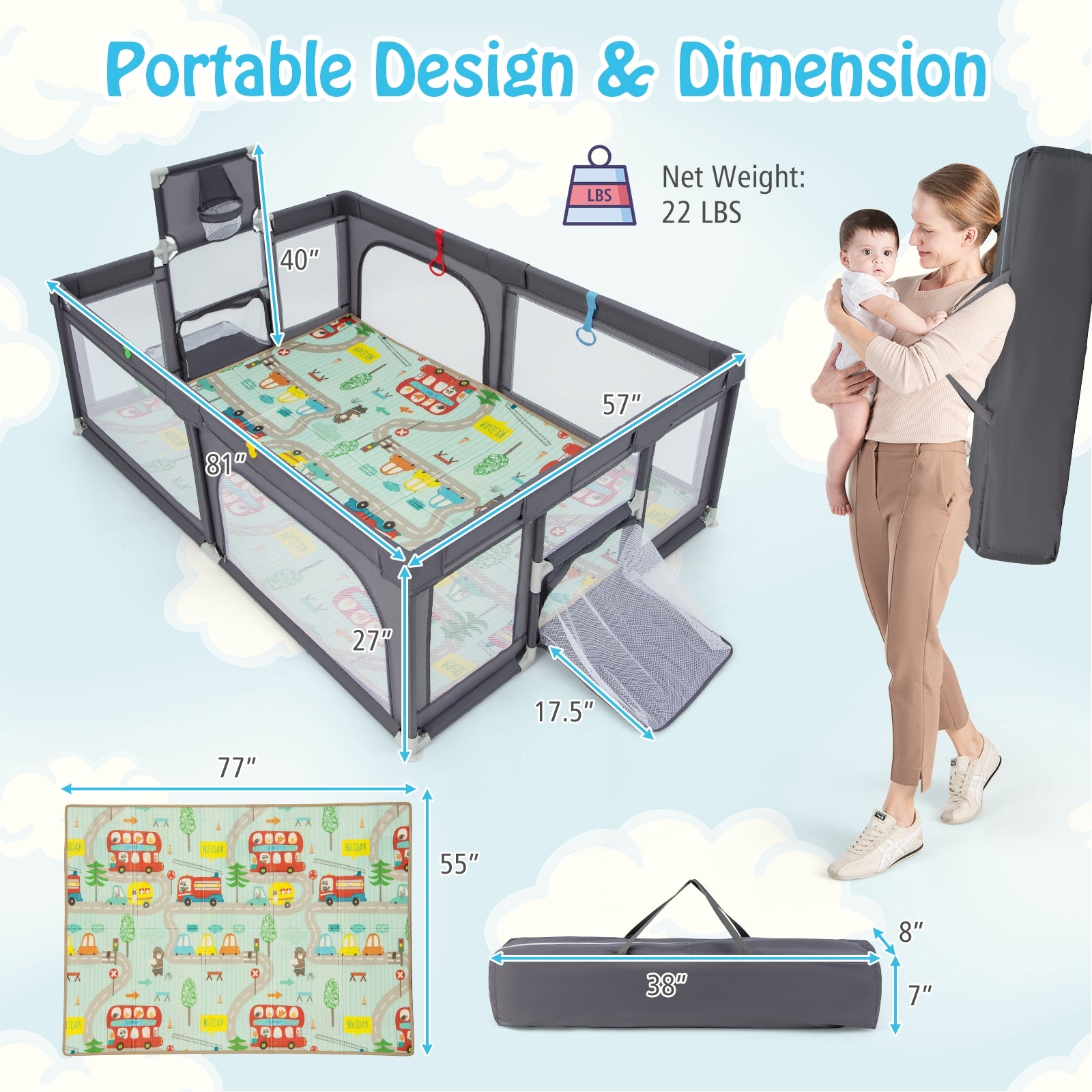 Large Baby Playpen with Mat and Ocean Balls-Dark gray, Dark Gray Baby Playpen & Playards at Gallery Canada