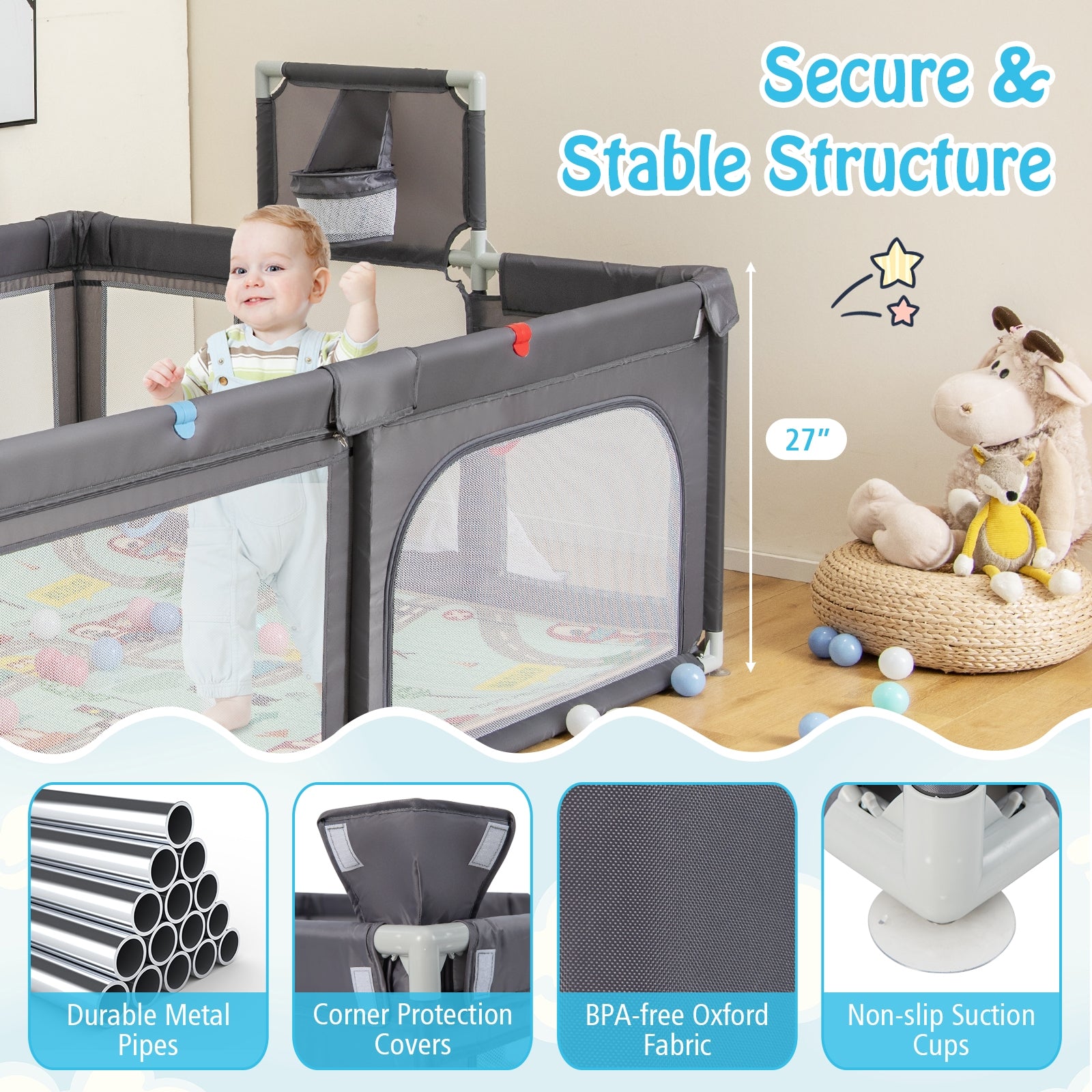 Large Baby Playpen with Mat and Ocean Balls-Dark gray, Dark Gray Baby Playpen & Playards at Gallery Canada