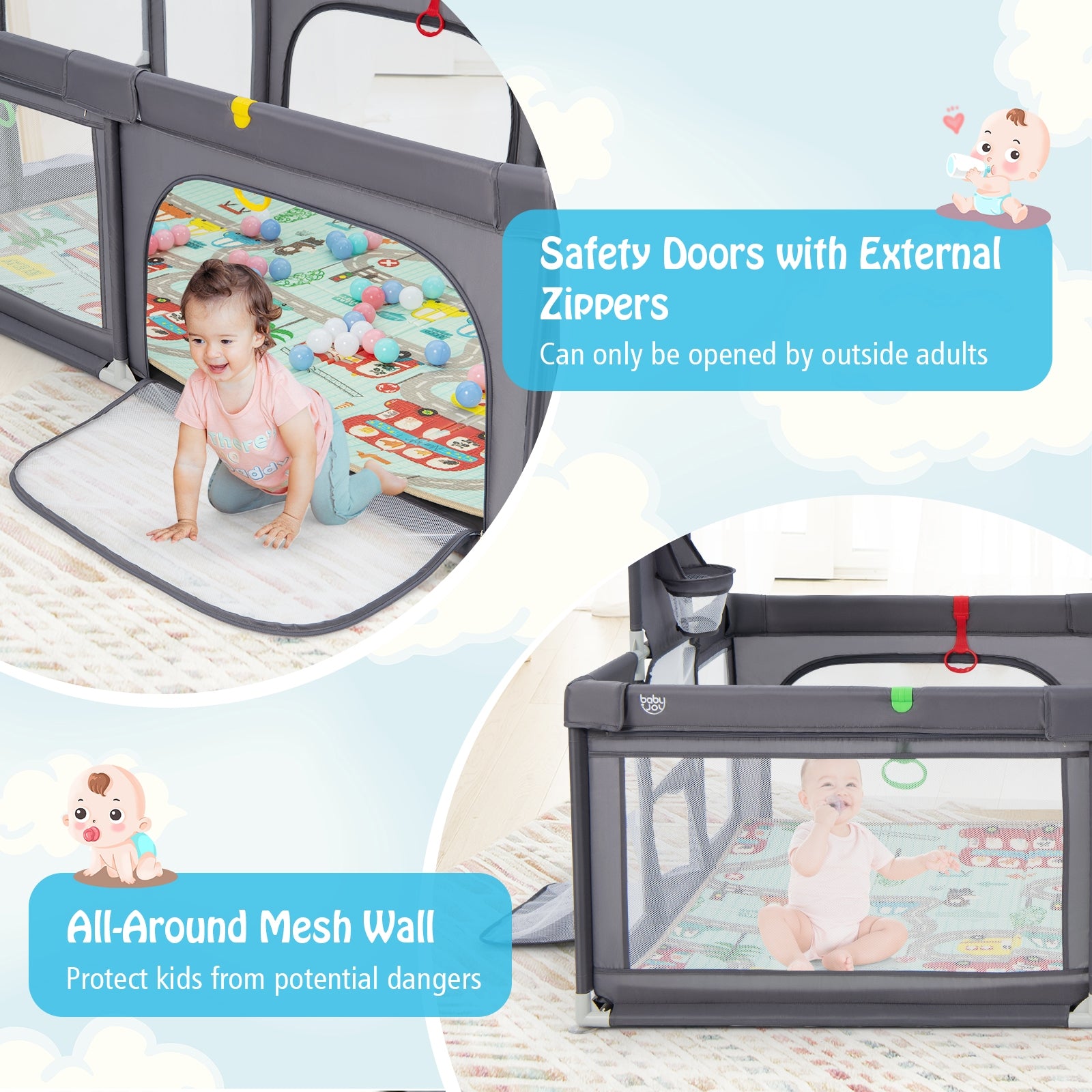 Large Baby Playpen with Mat and Ocean Balls-Dark gray, Dark Gray Baby Playpen & Playards at Gallery Canada