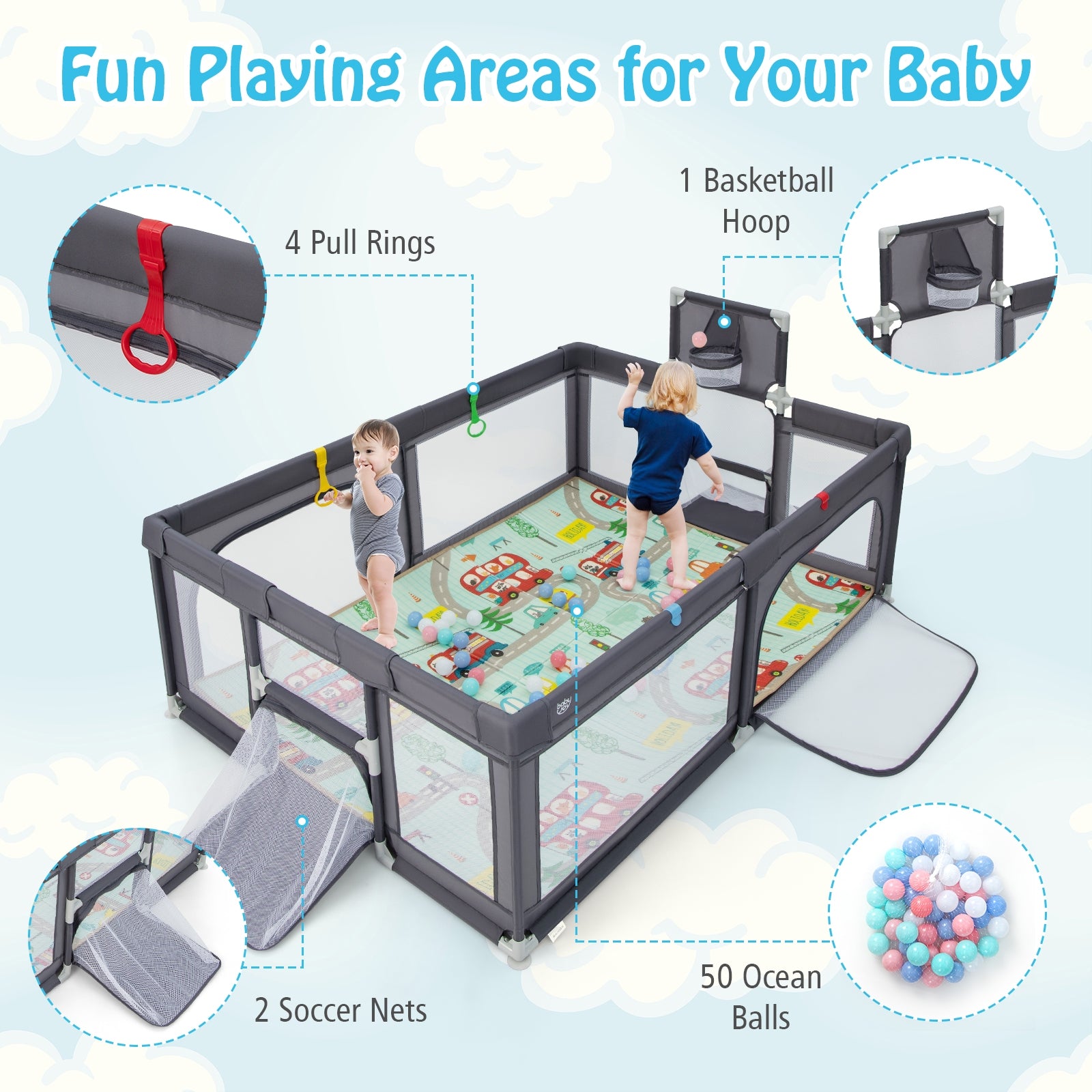 Large Baby Playpen with Mat and Ocean Balls-Dark gray, Dark Gray Baby Playpen & Playards at Gallery Canada