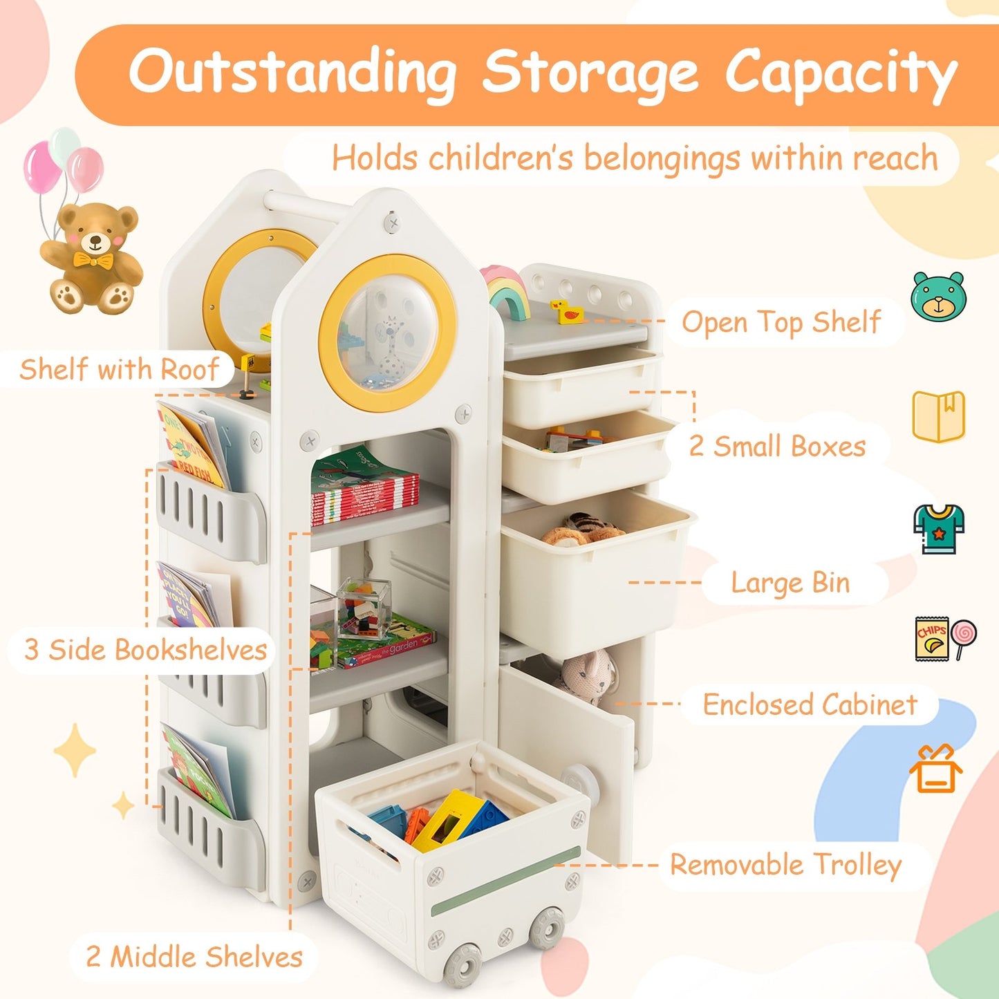 Multipurpose Toy Chest and Bookshelf with Mobile Trolley for Bedroom, Gray Kids Storage   at Gallery Canada