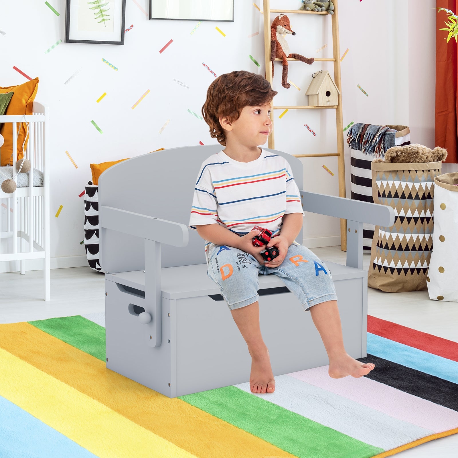 3-in-1 Kids Convertible Storage Bench Wood Activity Table and Chair Set, Gray Kids Table & Chair Sets   at Gallery Canada