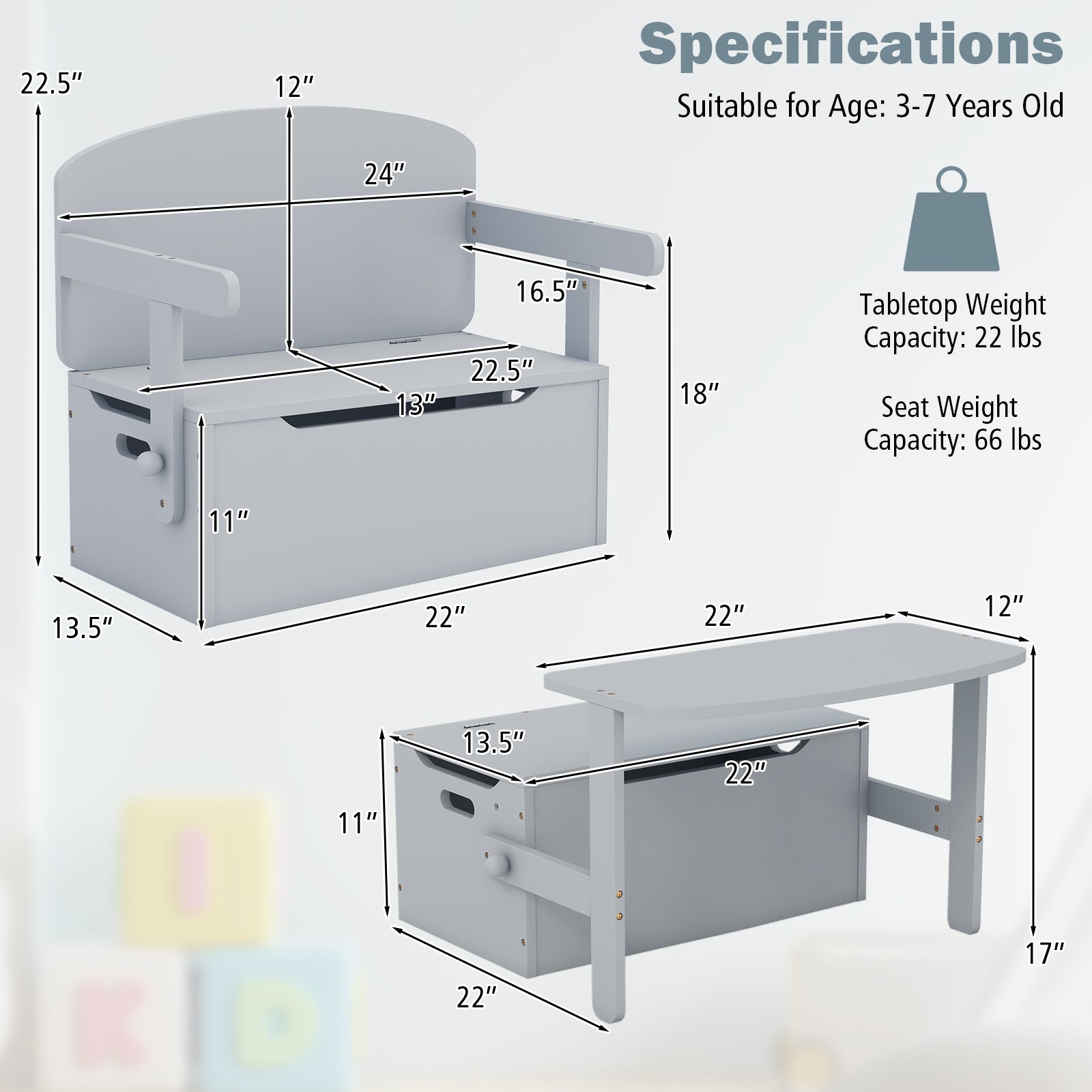 3-in-1 Kids Convertible Storage Bench Wood Activity Table and Chair Set, Gray Kids Table & Chair Sets   at Gallery Canada