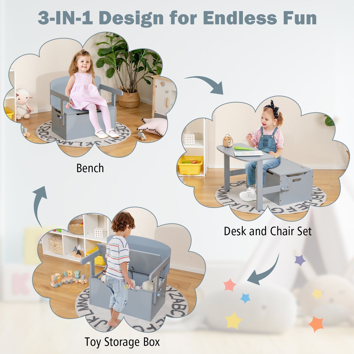 3-in-1 Kids Convertible Storage Bench Wood Activity Table and Chair Set, Gray Kids Table & Chair Sets   at Gallery Canada