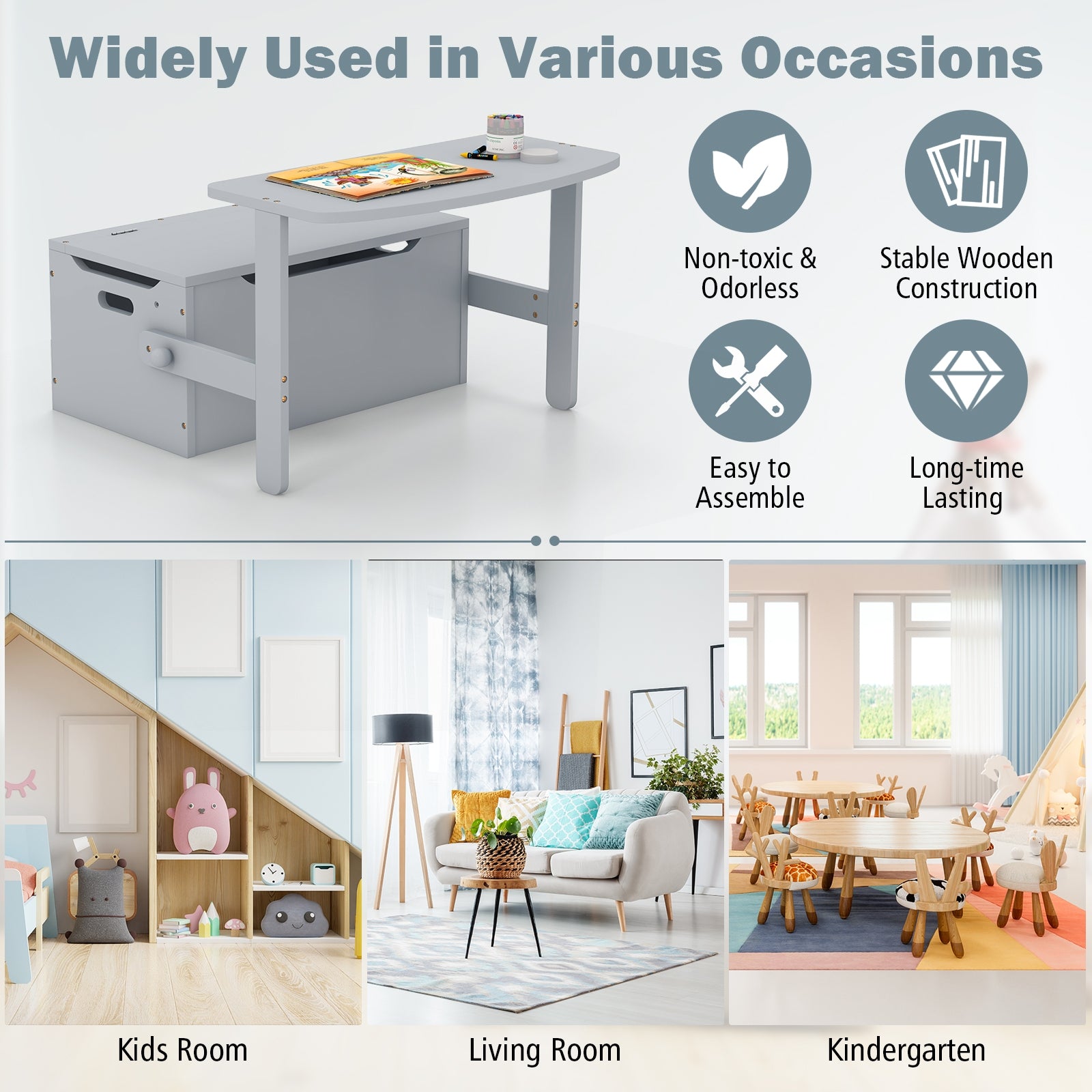 3-in-1 Kids Convertible Storage Bench Wood Activity Table and Chair Set, Gray Kids Table & Chair Sets   at Gallery Canada