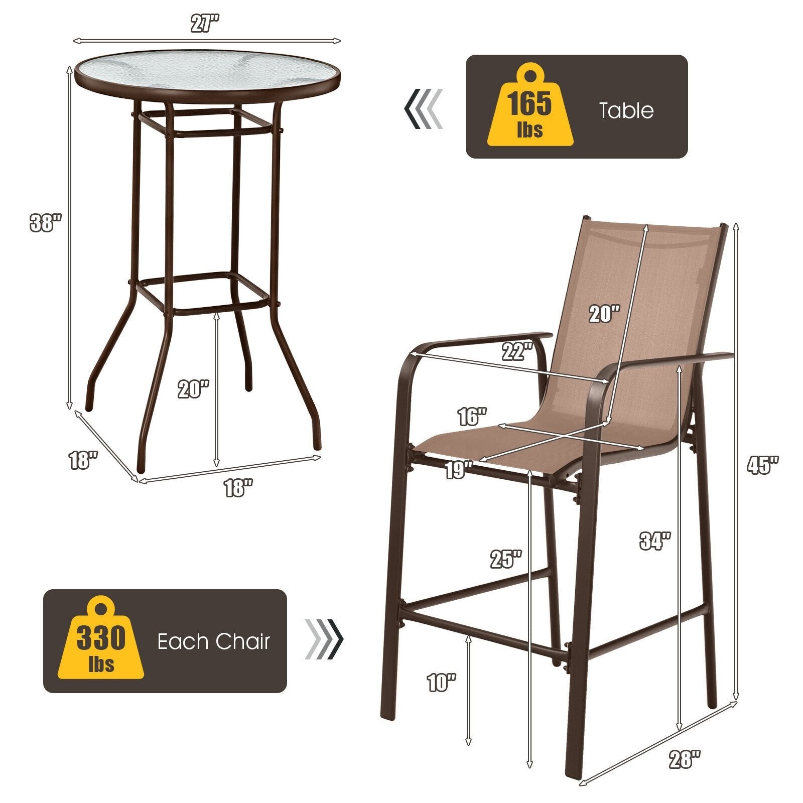 3 Pieces Outdoor Patio Bar Table Stool Set, Brown Patio Conversation Sets   at Gallery Canada