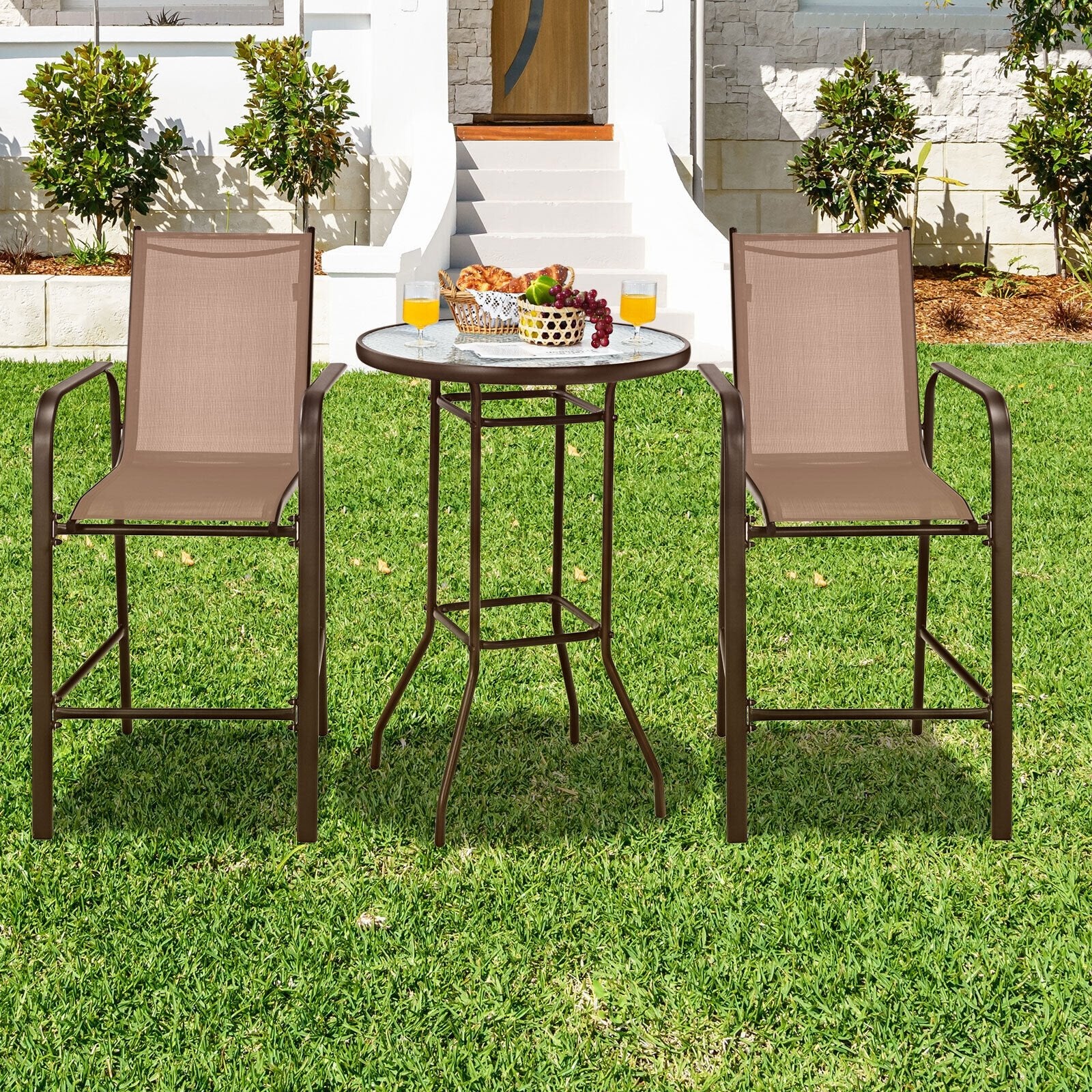 3 Pieces Outdoor Patio Bar Table Stool Set, Brown Patio Conversation Sets   at Gallery Canada