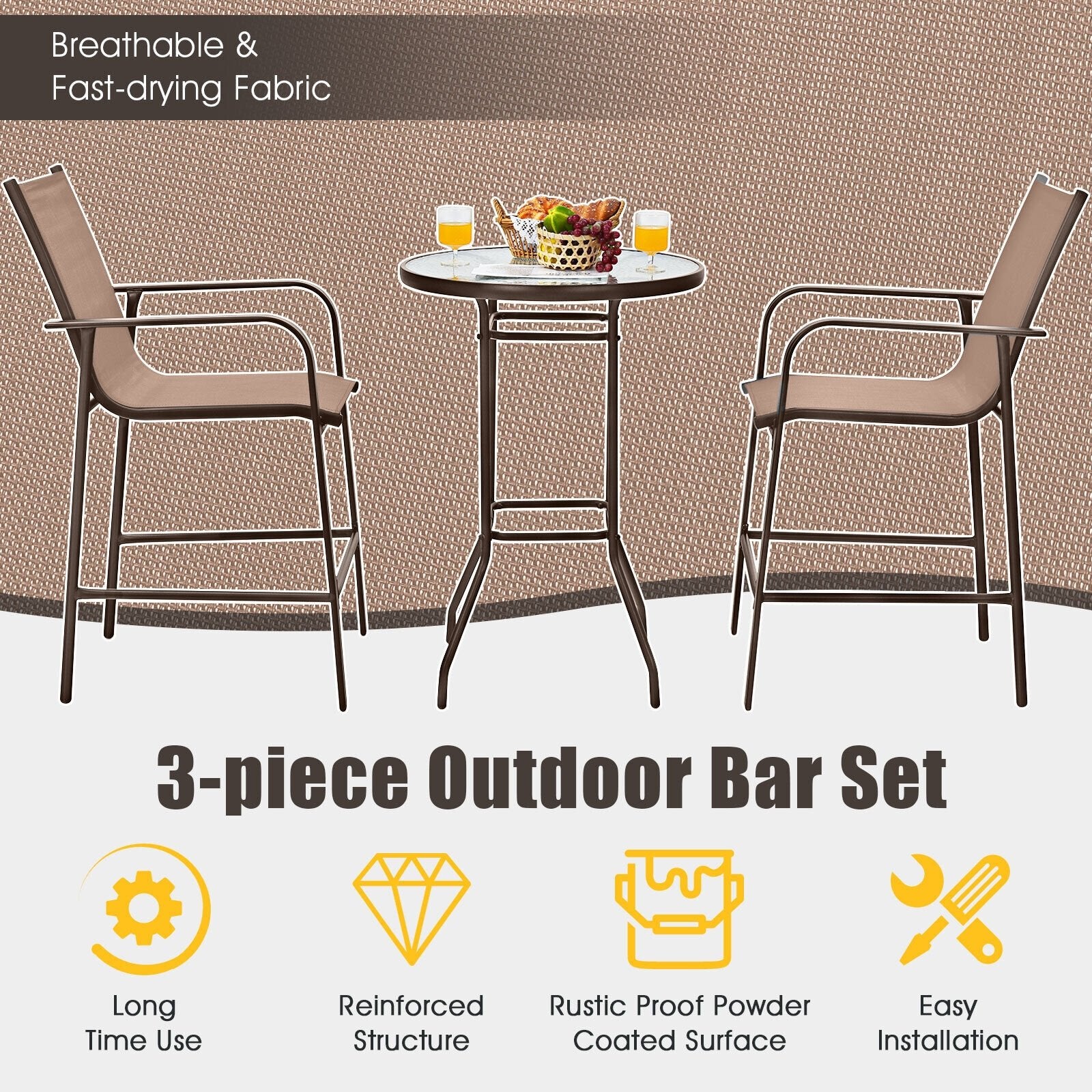 3 Pieces Outdoor Patio Bar Table Stool Set, Brown Patio Conversation Sets   at Gallery Canada