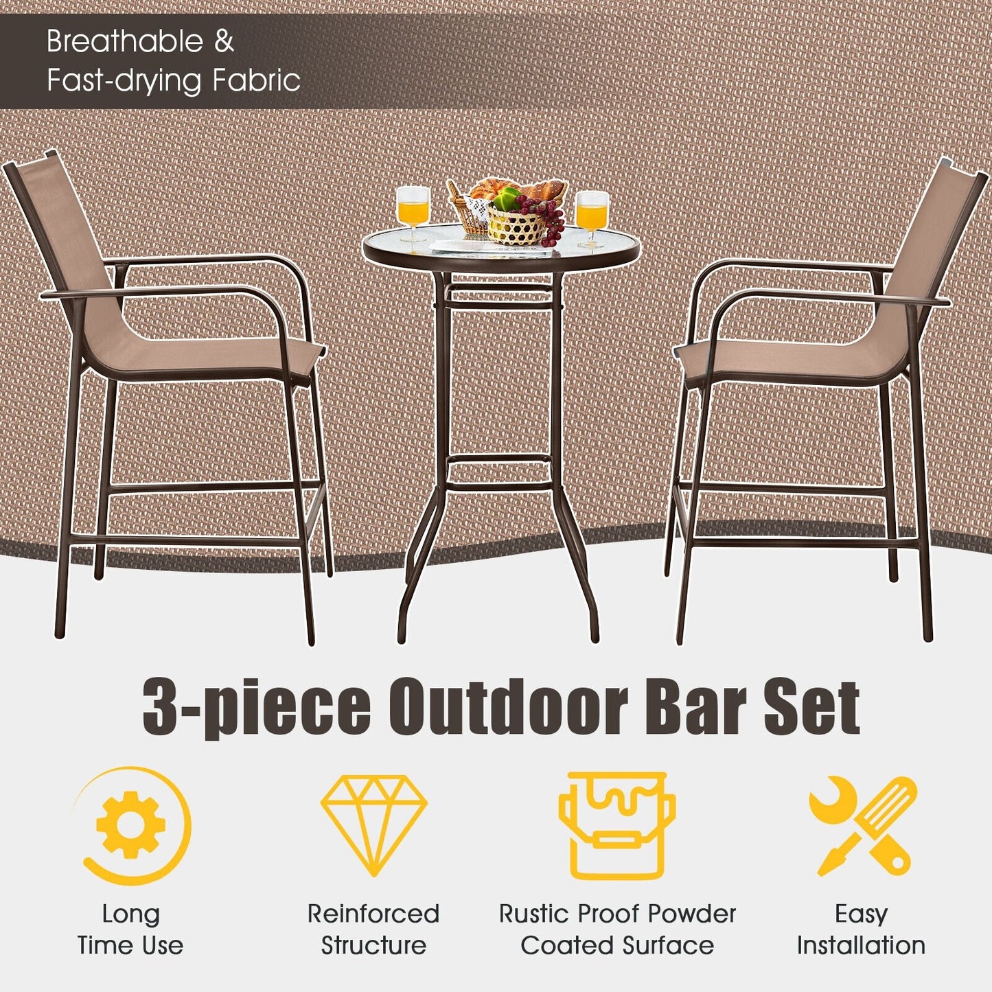 3 Pieces Outdoor Patio Bar Table Stool Set, Brown Patio Conversation Sets   at Gallery Canada