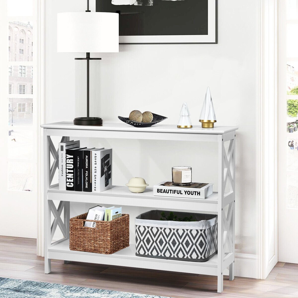 3-Tier Console X-Design Sofa Side Accent Table, White Console Tables   at Gallery Canada