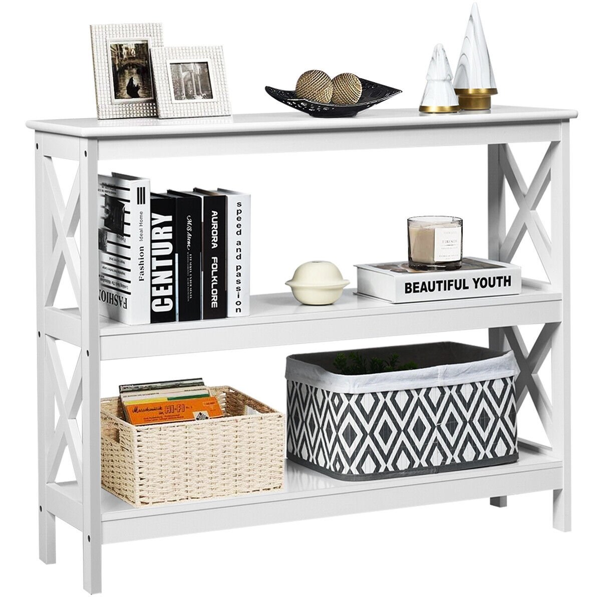 3-Tier Console X-Design Sofa Side Accent Table, White Console Tables   at Gallery Canada