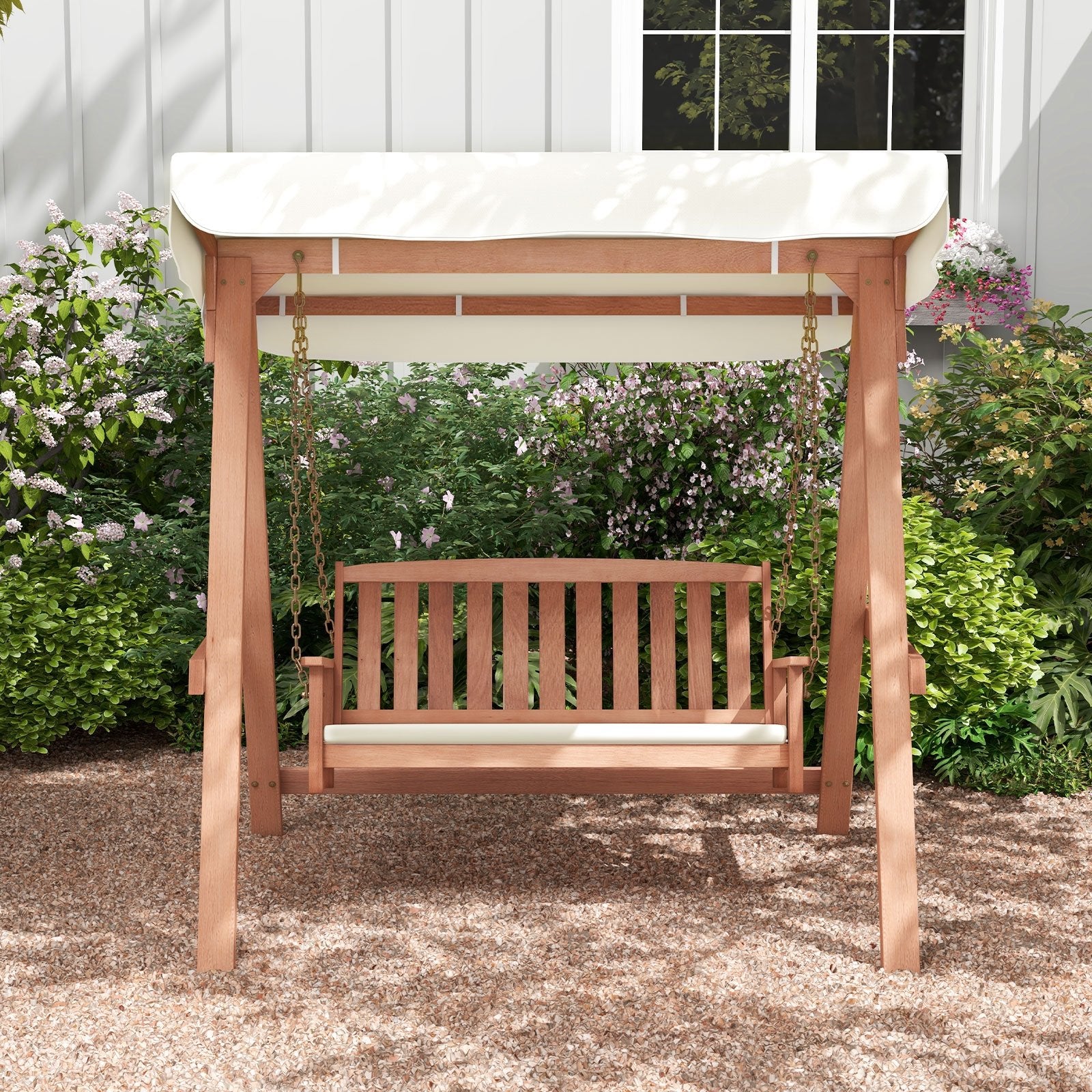 Outdoor 2-Seat Swing Bench w/ith A Frame and Sturdy Metal Hanging Chainsx, Natural Porch Swings   at Gallery Canada