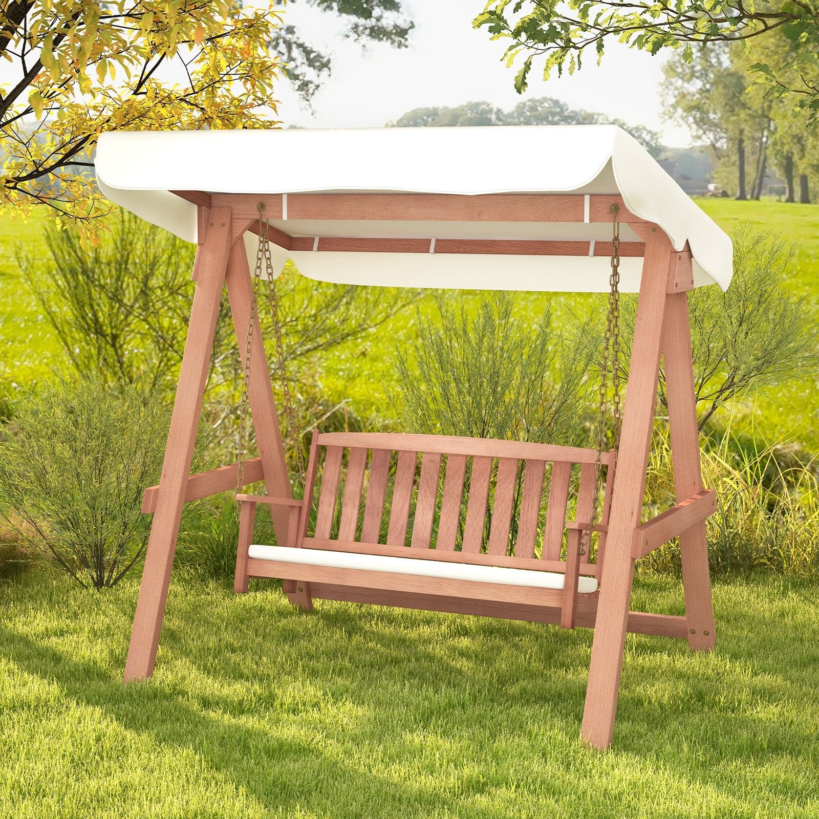 Outdoor 2-Seat Swing Bench w/ith A Frame and Sturdy Metal Hanging Chainsx, Natural Porch Swings   at Gallery Canada