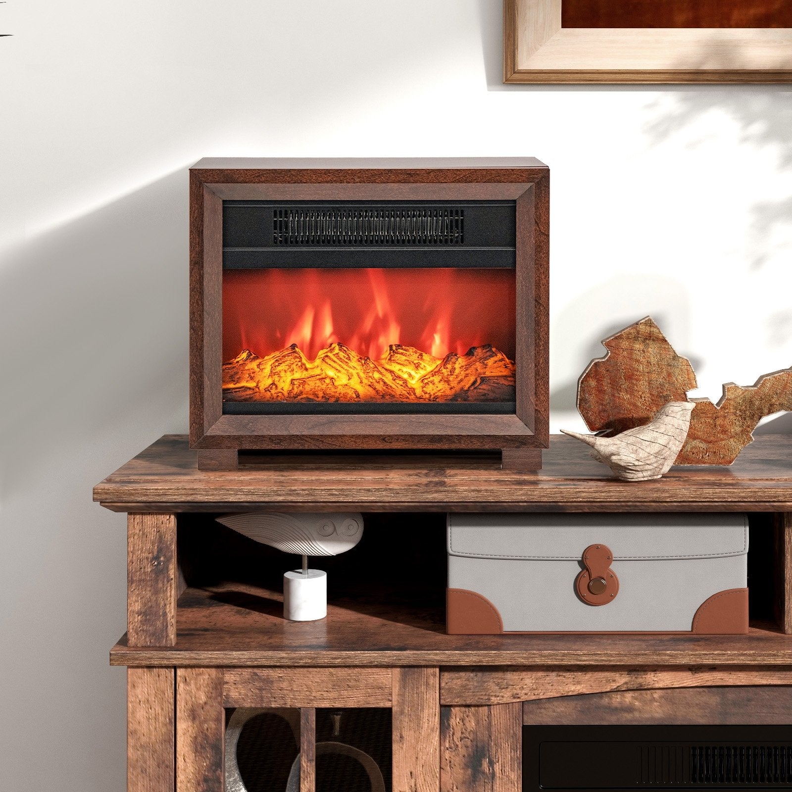 Mini Wooden Space Tabletop Fireplace with Realistic Flame Effect, Brown Fireplaces   at Gallery Canada