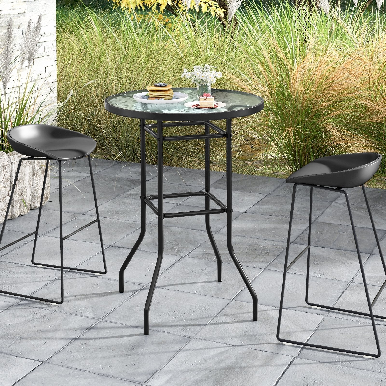 38 Inch Patio Bar Table with Tempered Glass Tabletop, Black Patio Bar Furniture   at Gallery Canada