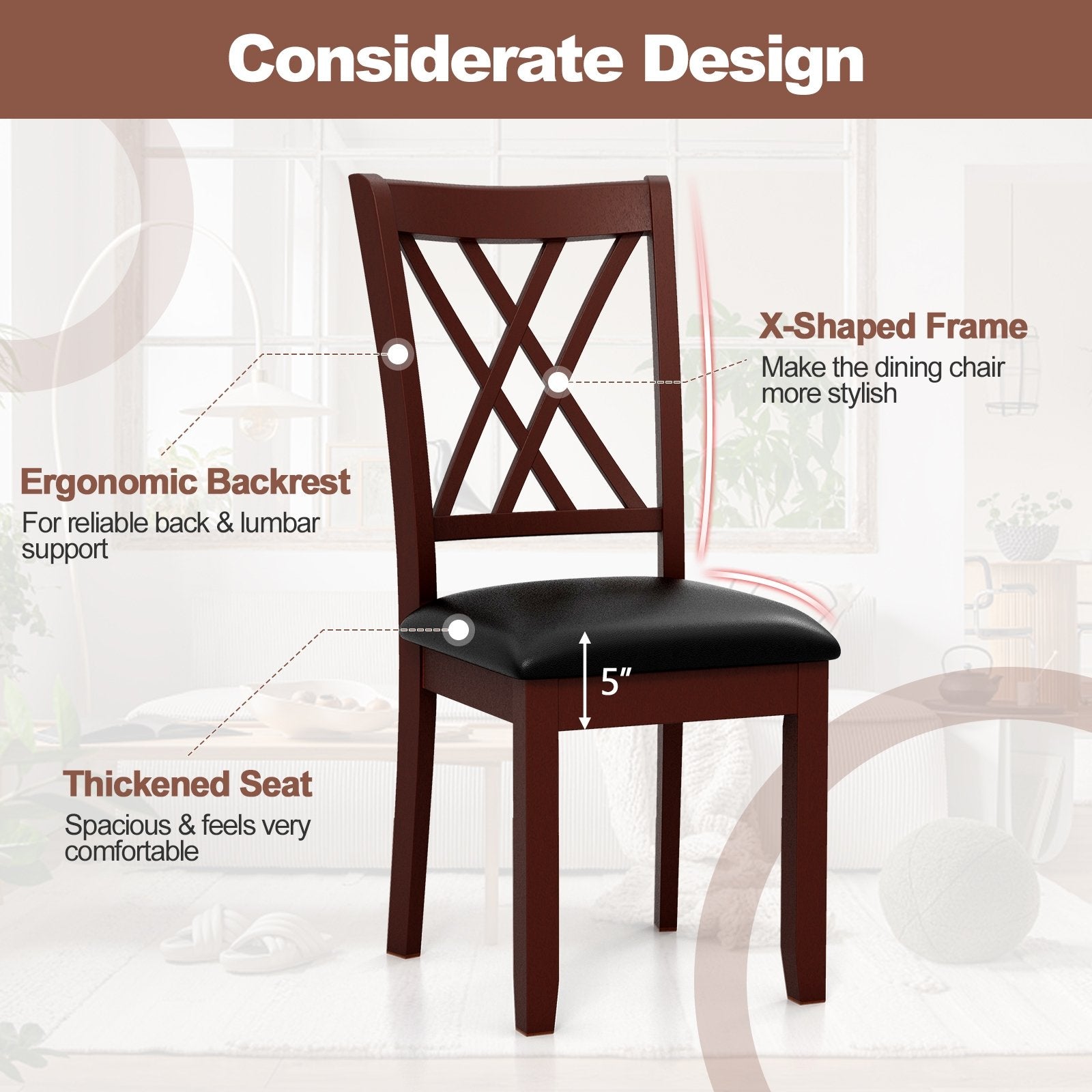 Set of 2 Dining Chair with Backrest and Padded Seat, Brown Dining Chairs   at Gallery Canada