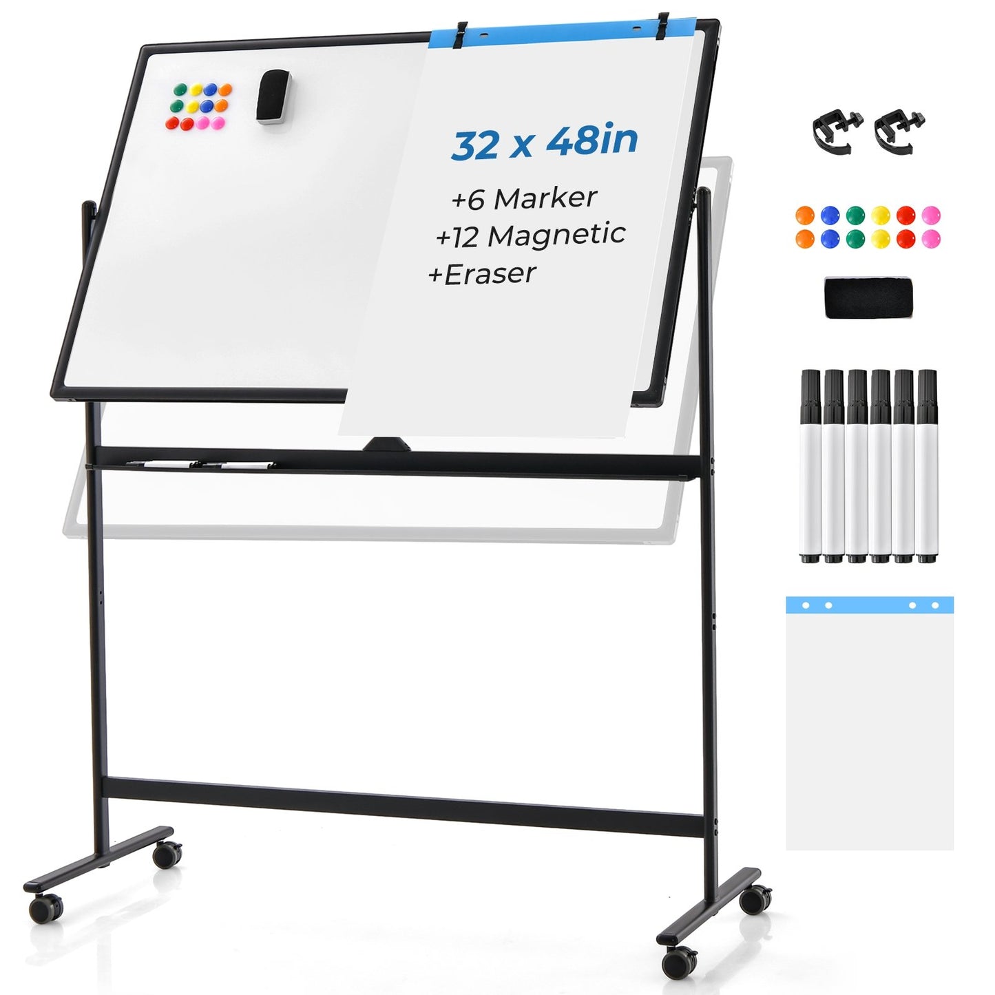 32 x 47 Inch Portable Rolling White Board, Black Home Office   at Gallery Canada