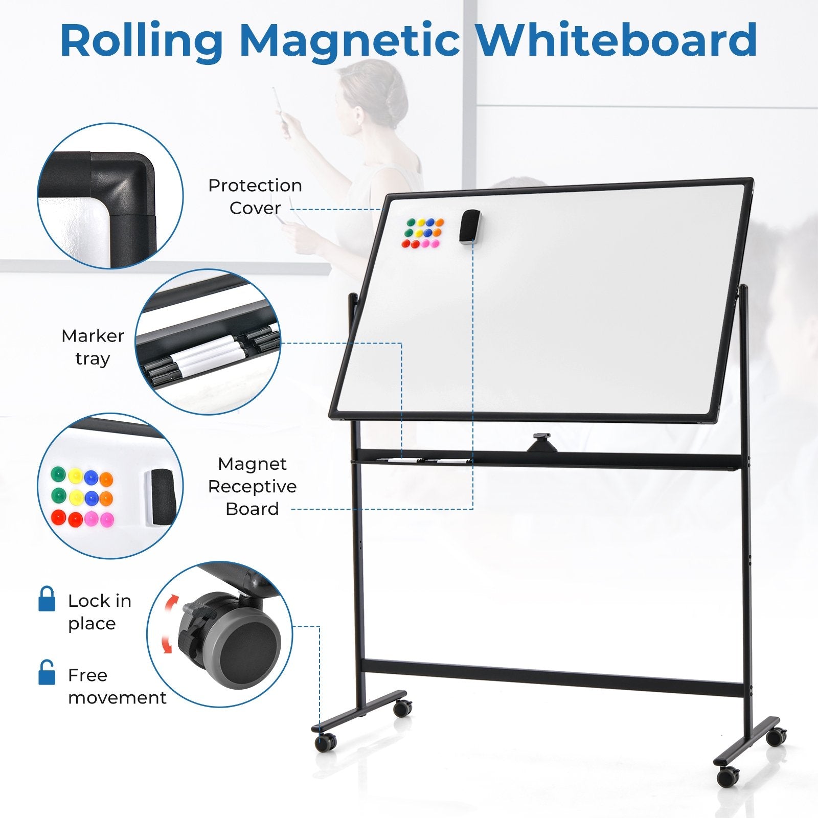 32 x 47 Inch Portable Rolling White Board, Black Home Office   at Gallery Canada