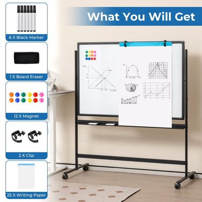 32 x 47 Inch Portable Rolling White Board, Black Home Office   at Gallery Canada