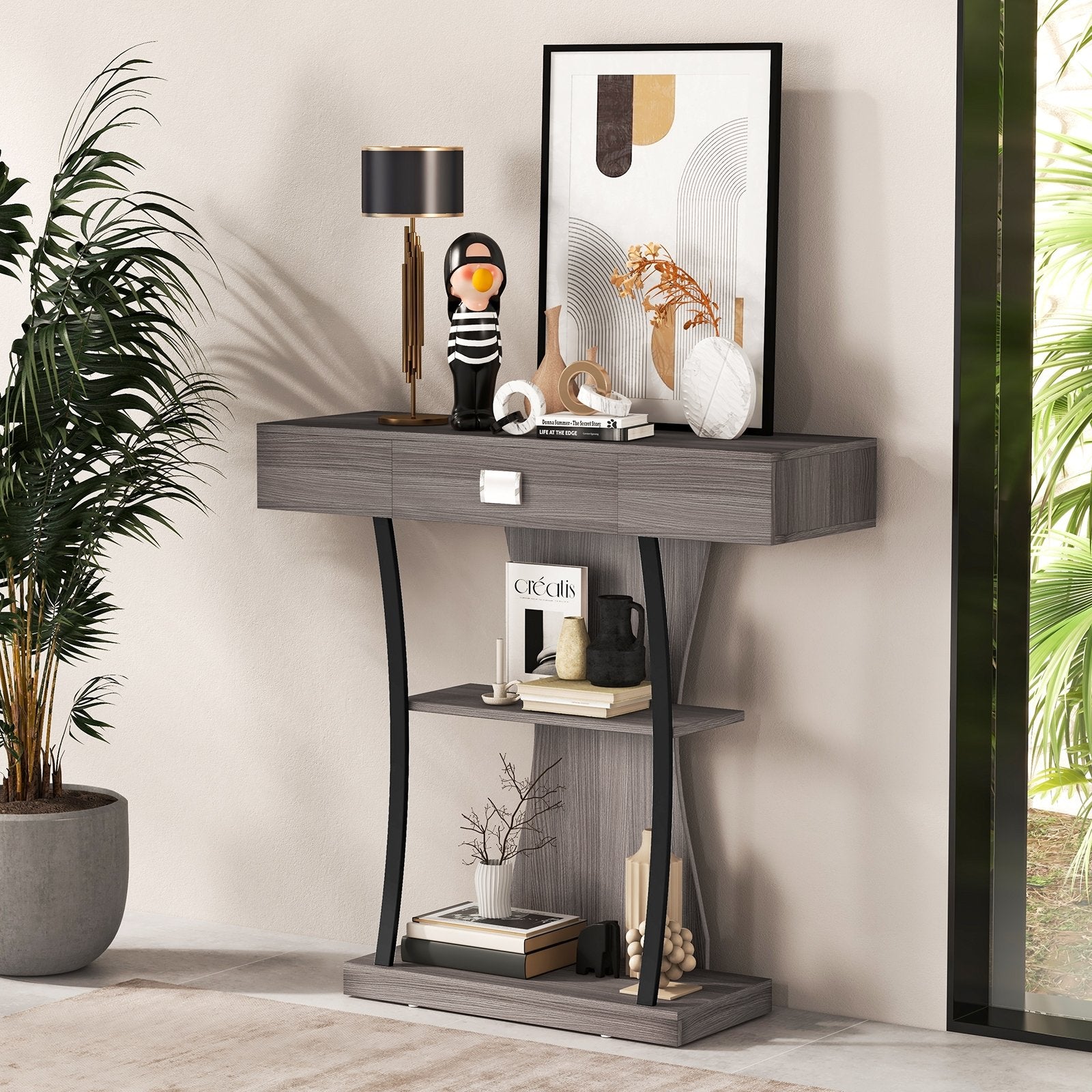 Console Table with Drawer and 2-Tier Shelves for Entryway Living Room, Gray Console Tables   at Gallery Canada